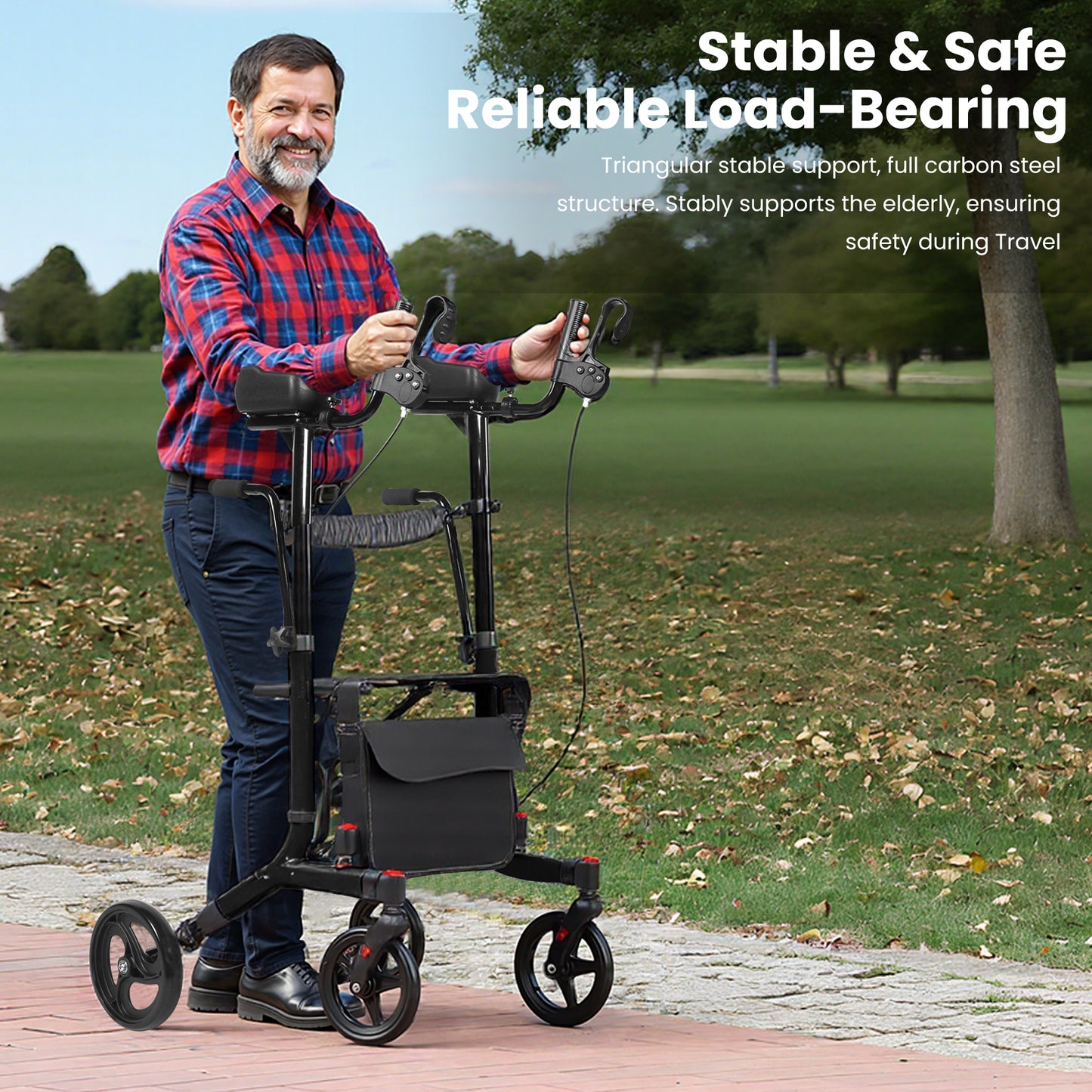 MOSTA All Terrain Upright Walker with Flat-Free Solid Rubber Tires - Outdoor Stand Up Walker for Seniors - Tall Standing Rollator with Seat