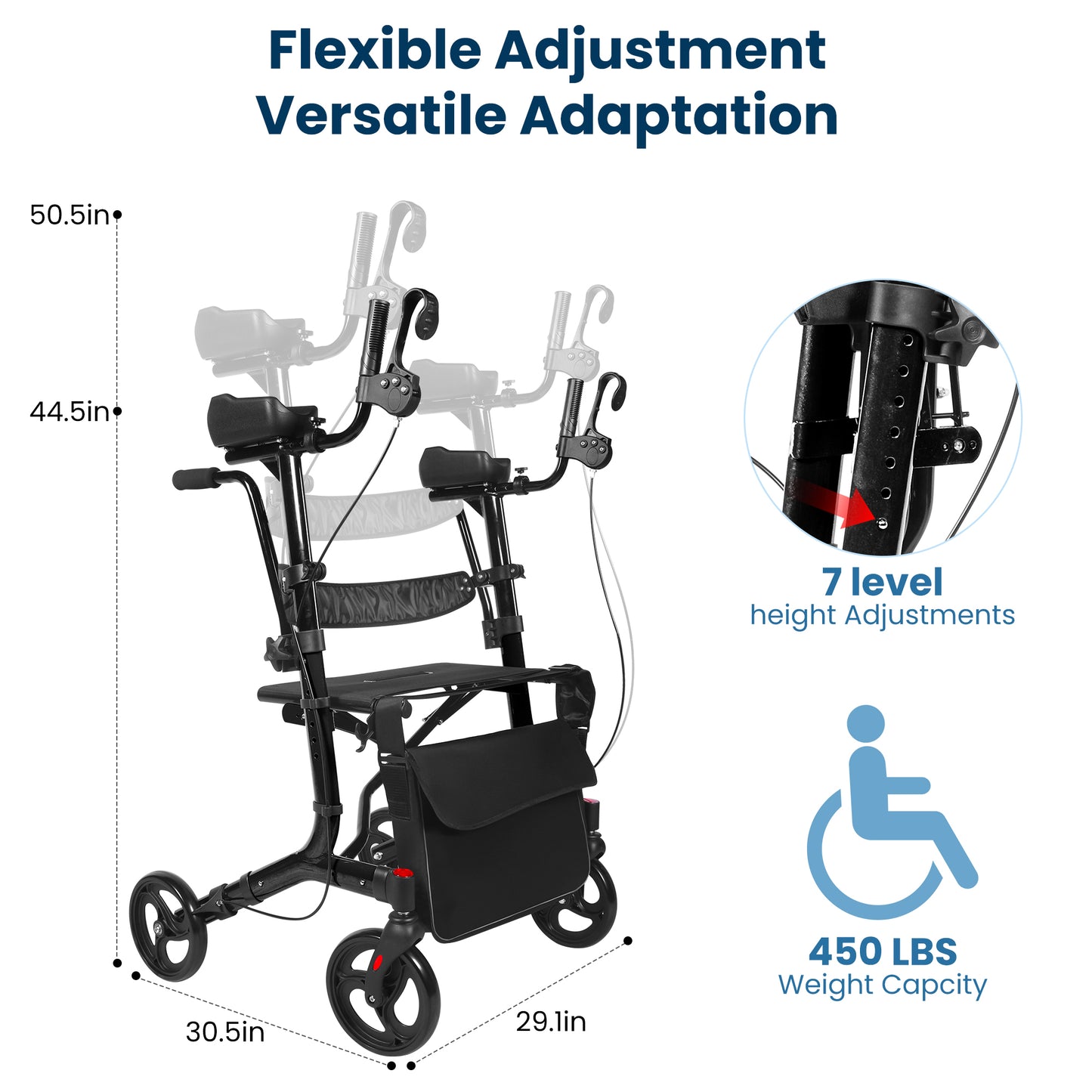 MOSTA All Terrain Upright Walker with Flat-Free Solid Rubber Tires - Outdoor Stand Up Walker for Seniors - Tall Standing Rollator with Seat