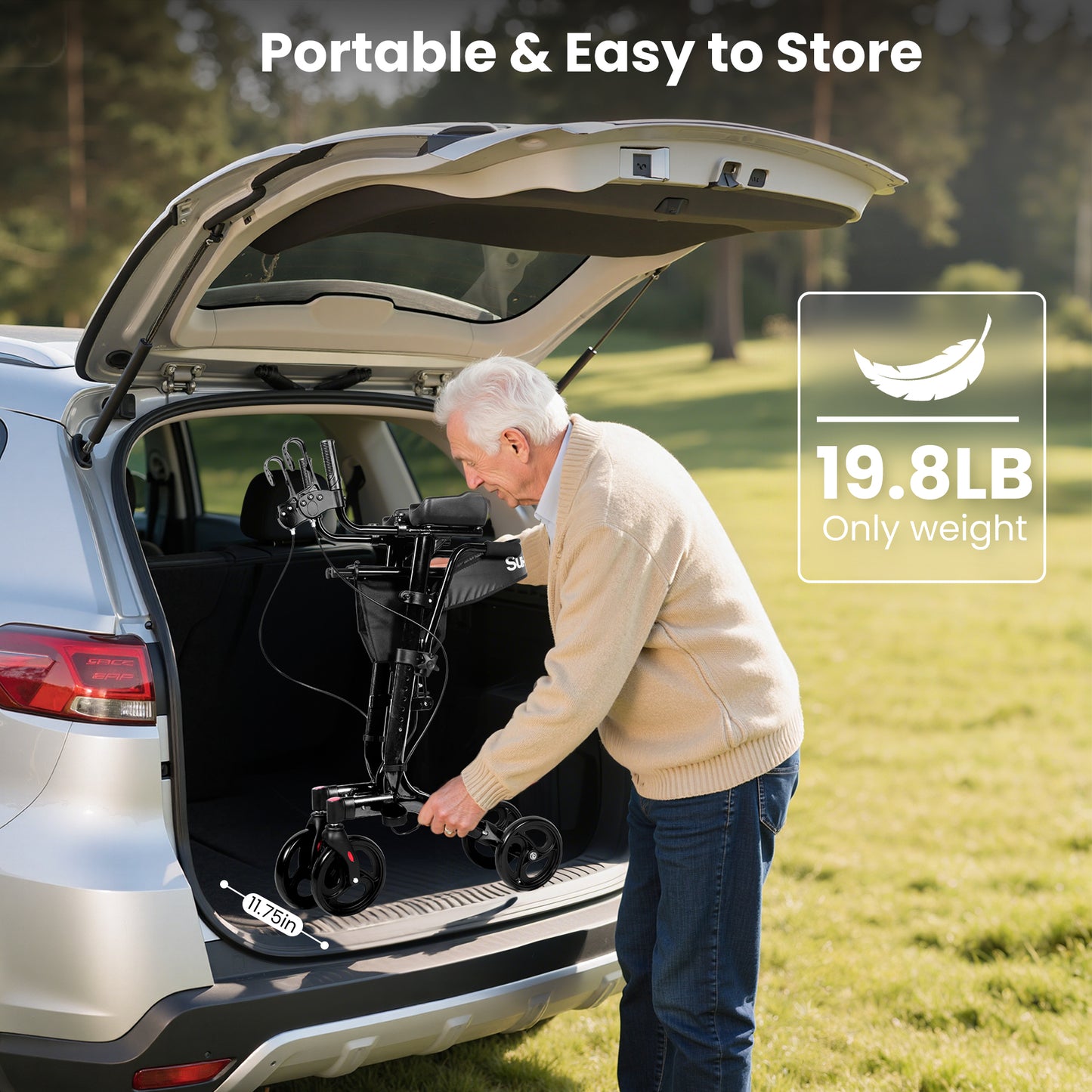 MOSTA All Terrain Upright Walker with Flat-Free Solid Rubber Tires - Outdoor Stand Up Walker for Seniors - Tall Standing Rollator with Seat