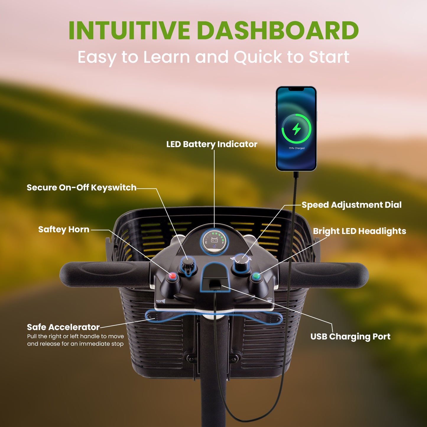 Mosta Adult, Senior Mobility Scooter,4-wheel Electric Rechargeable Travel Device with LED Headlight and Basket, Including Charger,