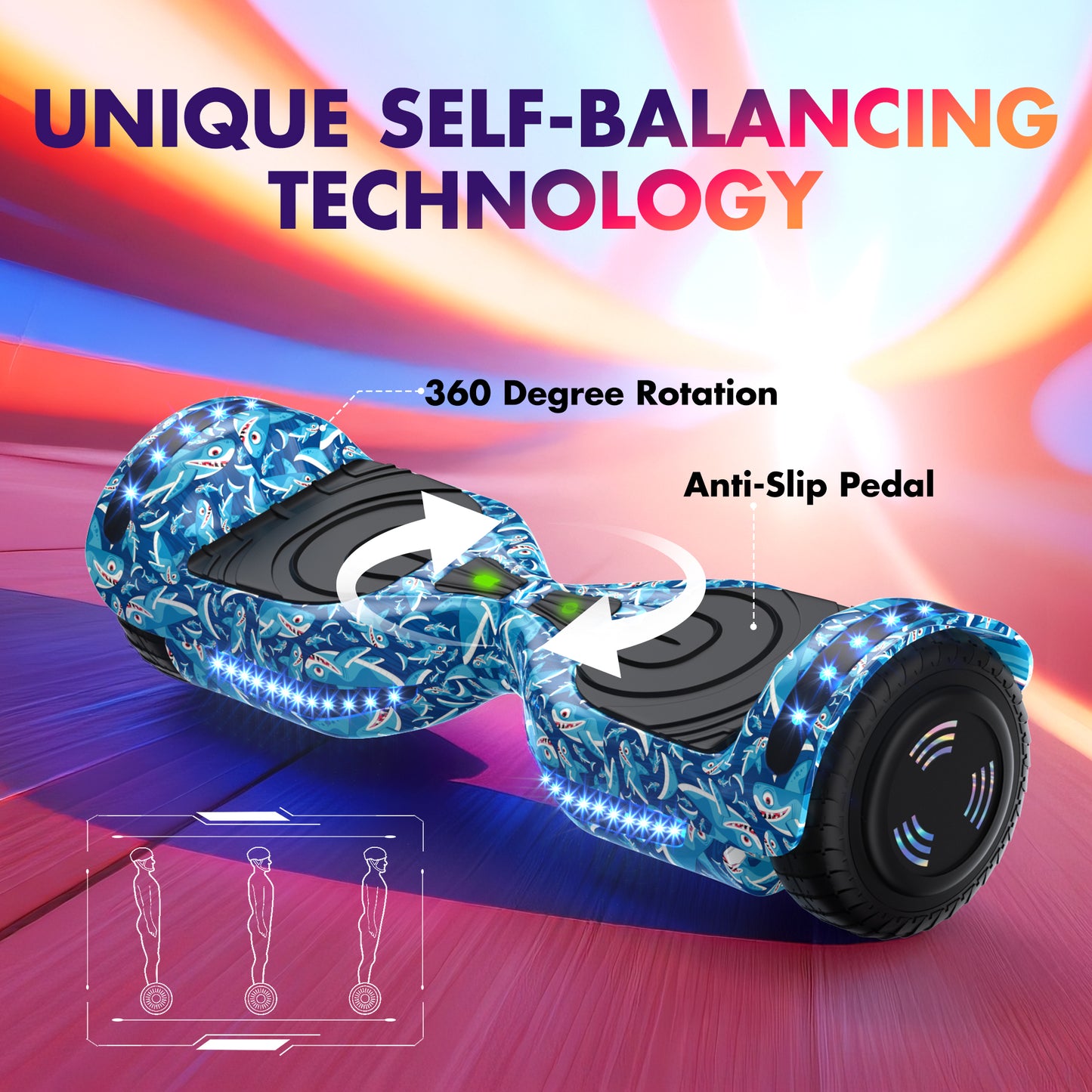 MOSTA All Terrain Self-Balance Scoote ,Electric Scooter Board for Kids & Adults with Bluetooth and Led Lights,6.5 inch,165 lbs capacity Perfect Gift