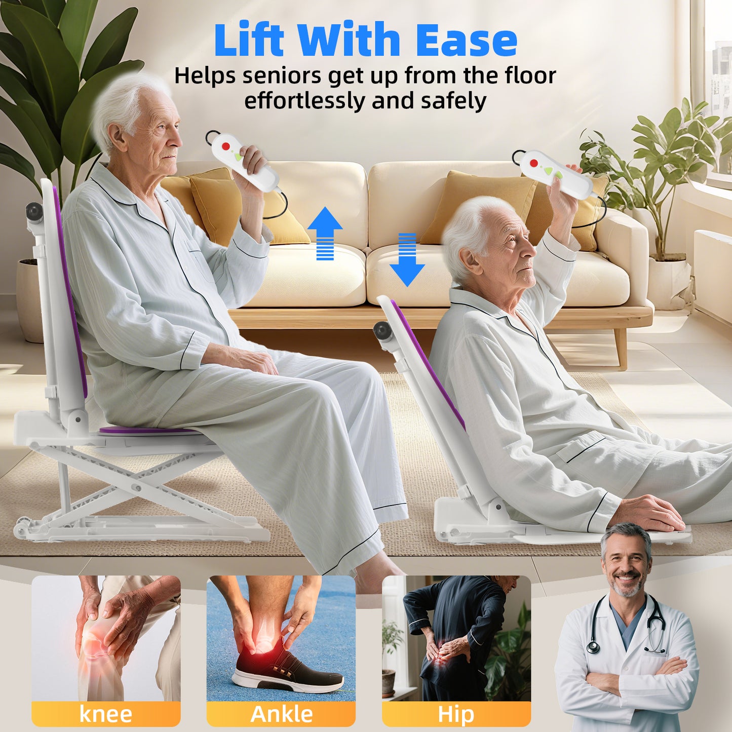 MOSTA Electric Chair Lift for Elderly – Floor Lift & IP68 Waterproof Bath Lift for Tub, Foldable, 275 lbs Capacity, Remote Control for Fall Recovery & Home Care