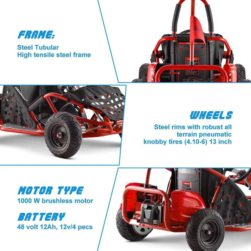 QEASET 1 Seater 1000W Electric Go-Kart-Red