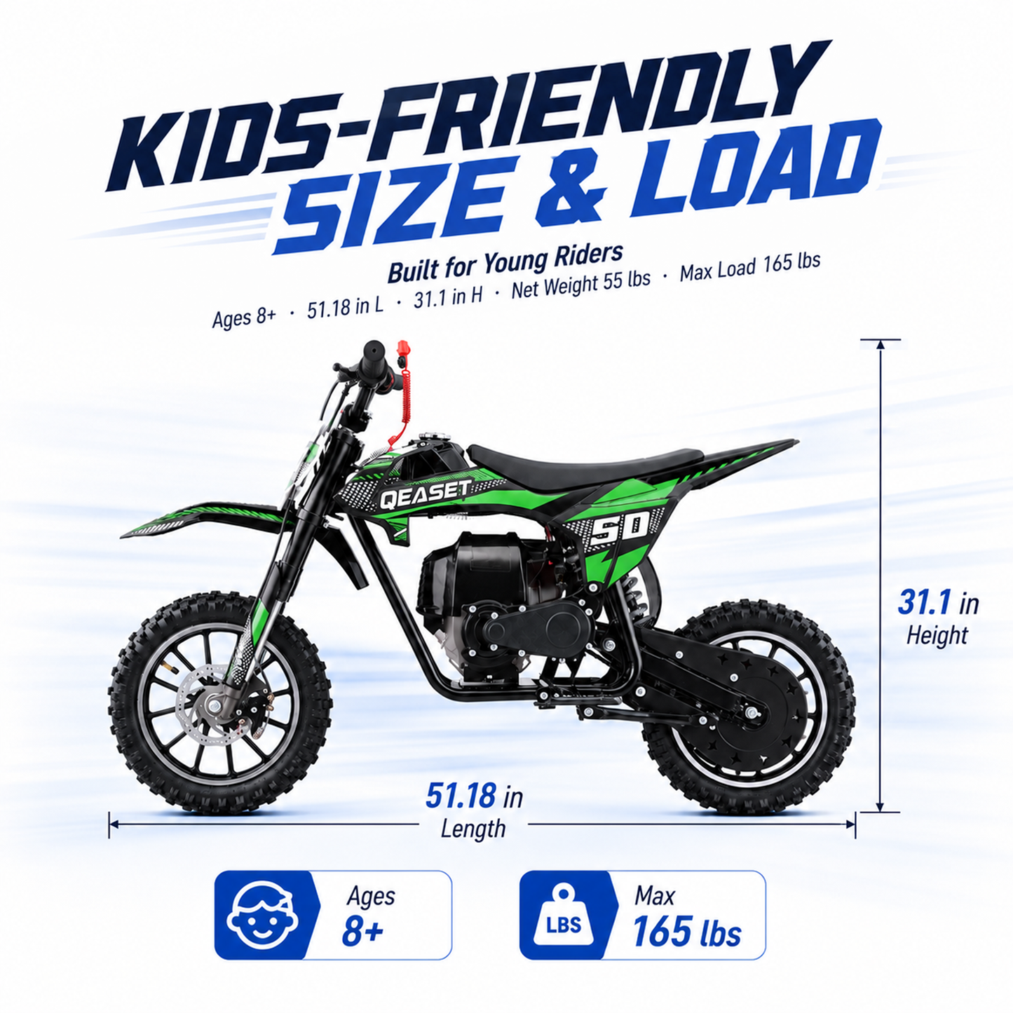 QEASET Mini Gas Powered Ride-On Motorcycle, 39CC 4-Stroke Engine with Disc Brakes, 20 MPH Top Speed, 6.3" Ground Clearance, Supports Up to 165 lbs, Minimal Assembly, Green