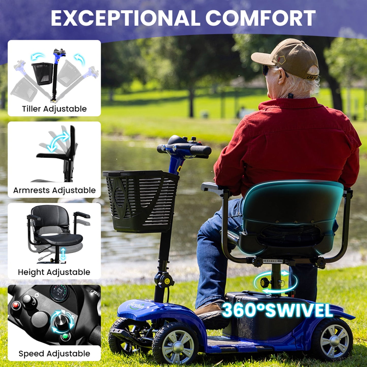 Upgrade 4 Wheels Mobility Scooters for Seniors & Adult,Foldable Electric Wheelchair for Adult,All Terrain Motorized Scooters with 300 LBS,Long Travel Range,Basket,Rotating Seat,Blue