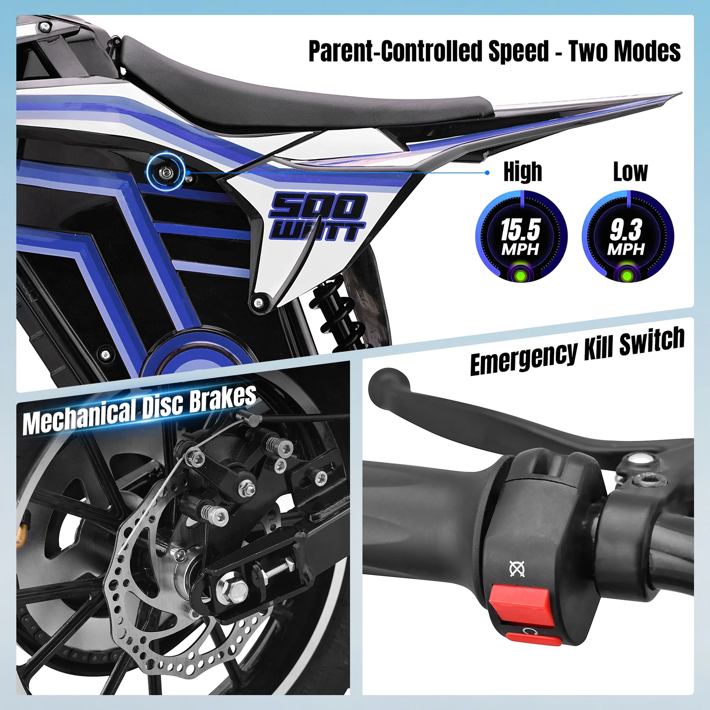 Aoemoe Motorcycle, Motorized Dirt Bikes for kids 8-14, 36V 500W – 15 MPH Top Speed, Dual Suspension, Blue