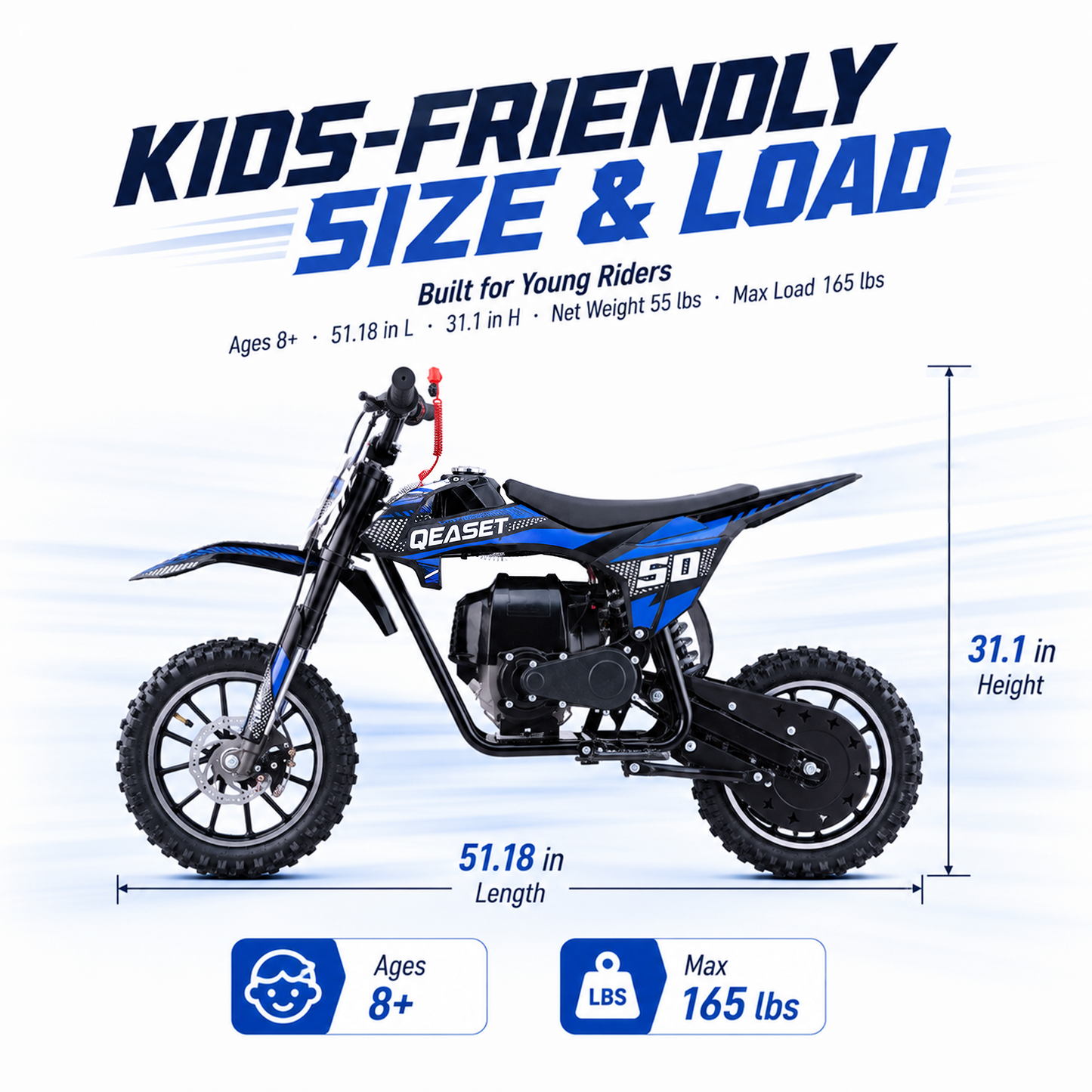 QEASET Mini Gas Powered Ride-On Motorcycle, 39CC 4-Stroke Engine with Disc Brakes, 20 MPH Top Speed, 6.3" Ground Clearance, Supports Up to 165 lbs, Minimal Assembly, Blue