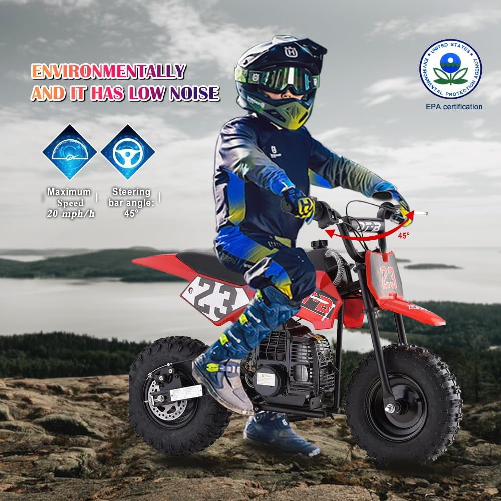 Aoemoe Mini Kid Dirt Bike, 49 CC 2-Stroke Gas Bike with Off-Rode Tire, Suspensions, Disc Brakes, Max Load 160Lbs, Up to 20Mph, EPA Approved