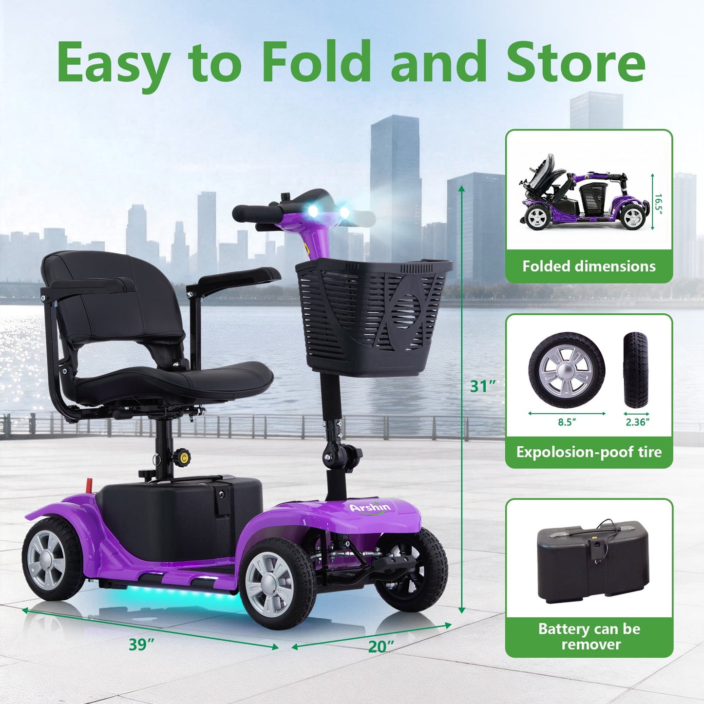 Arshin Upgrade 4 Wheels Mobility Scooter with Removable Battery,Compact Heavy Duty Mobile for Travel,Foldable Powered Wheelchair for Adult,300lbs,Purple