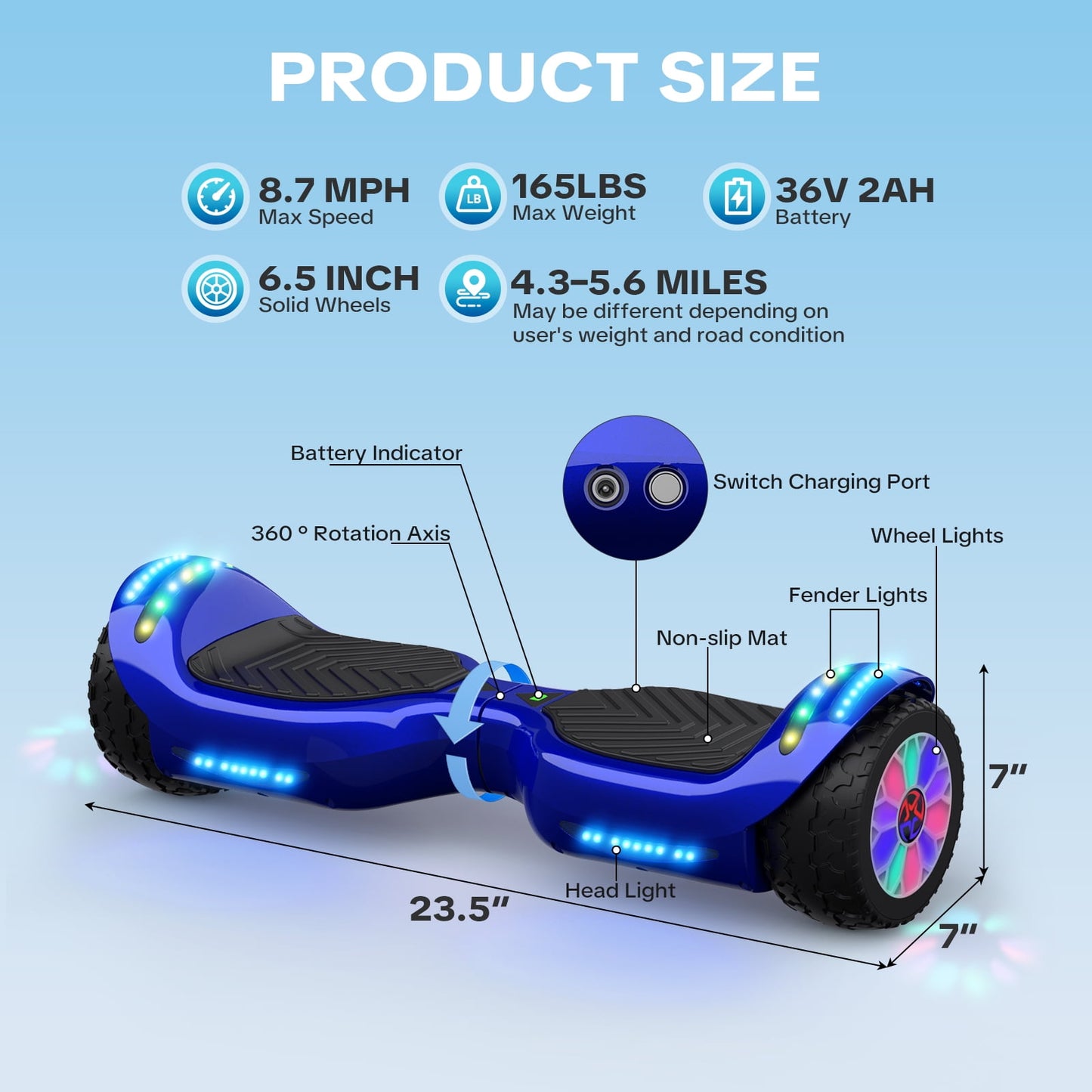 Off Road Hoverboards with Bluetooth, Tcdjtc Self Balancing Scooter with LED Lights, 6.5" Tires