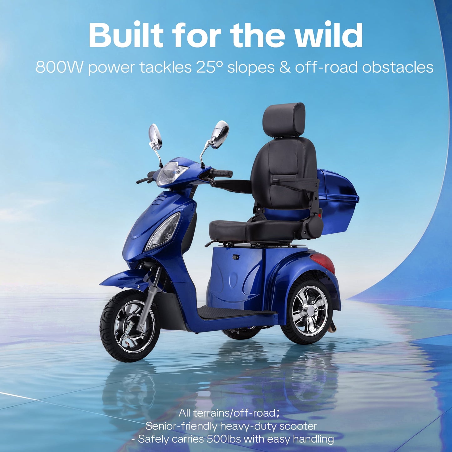 New & Improved 3-Wheel Mobility Scooter for Adults & Seniors - 500 lb Heavy Duty Capacity,31-Mile Range,800W Power for Outdoor Use by Arshin,All-Day Riding,Easy to Use(Blue)