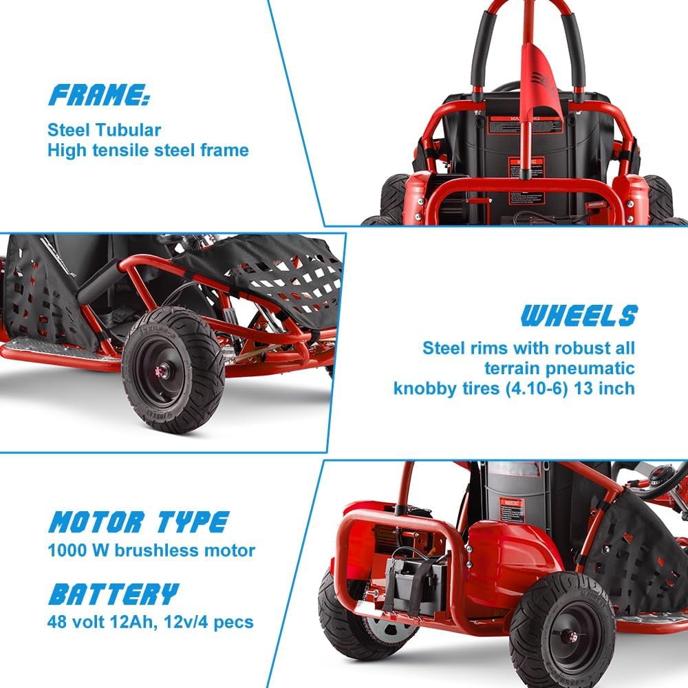QEASET 79cc 1-Seater Gasoline Go-Kart, 4-Stroke 2.5HP, 13" Front and Rear All Terrain Tires(Red)