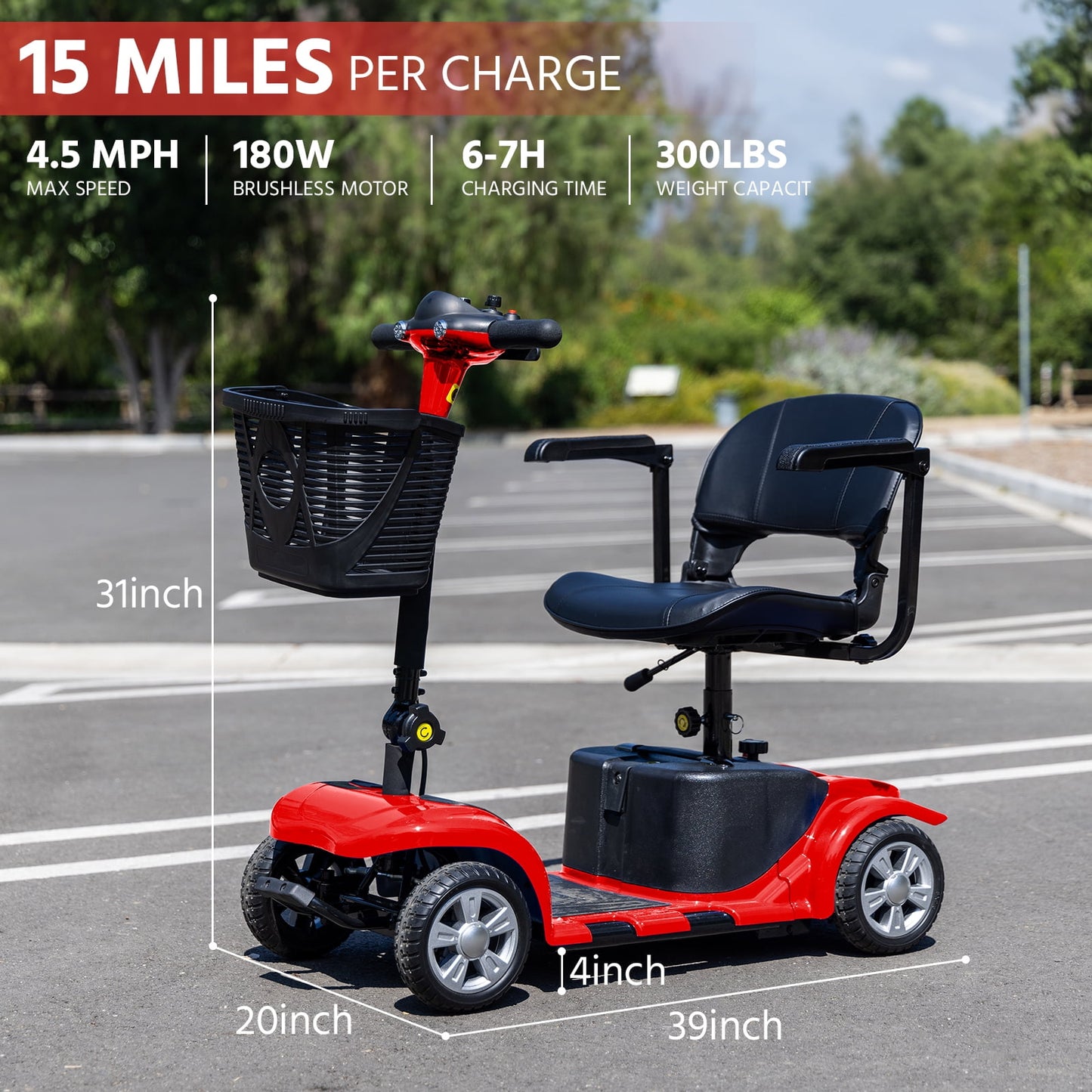 4 Wheels Mobility Scooter for Adults, Senior Electric Powered Chargeable Device for Travel, Lightweight and Portable, with LED Headlights and Basket, Charger Included (Red)