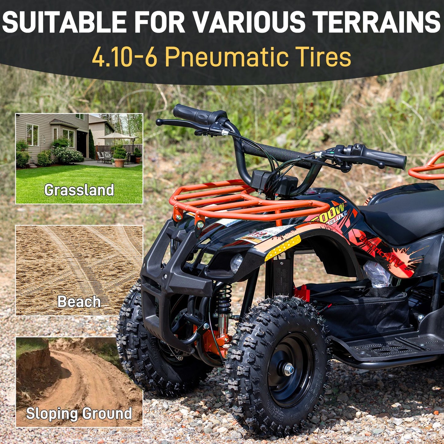 36V Electric 500W Motor 4‑Wheeler with Dual Shock Absorber Suspension, IVFJFV 4‑wheel Off‑Road Tires & Anti‑Collision Safety Flag for Age 8‑14 for Backyard Leisure & Rough Ground Trips,Orange