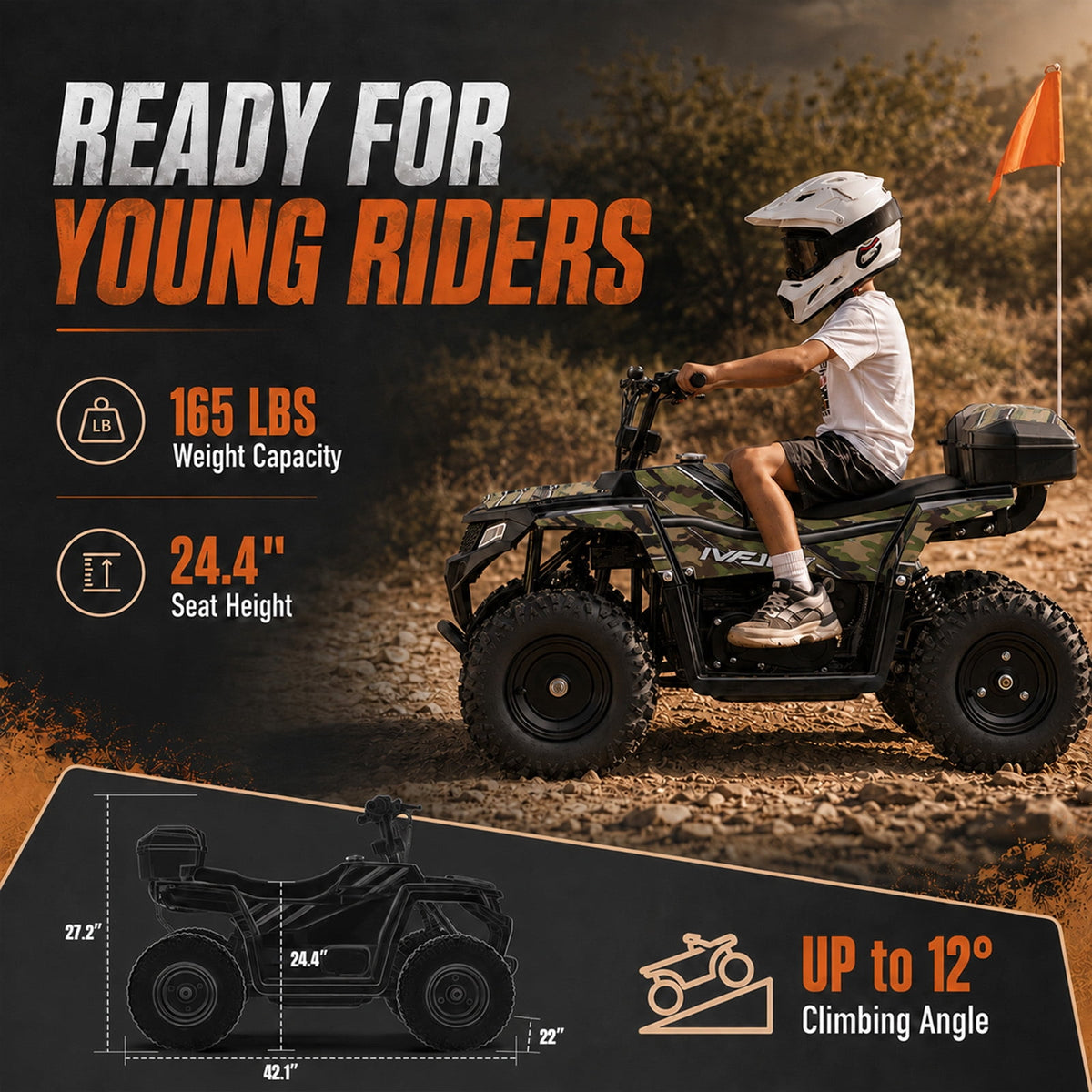 IVFJFV 40cc 4-Stroke 4-Wheeler,Dual-Speed Off-Road Car Gas Four-Wheeler,Gas Powered 4 Wheel with Key Lock & Parent Limited Speed 10-15MPH & Dual Shocks & All-terrain Tire,Chain Drive,Green Camo