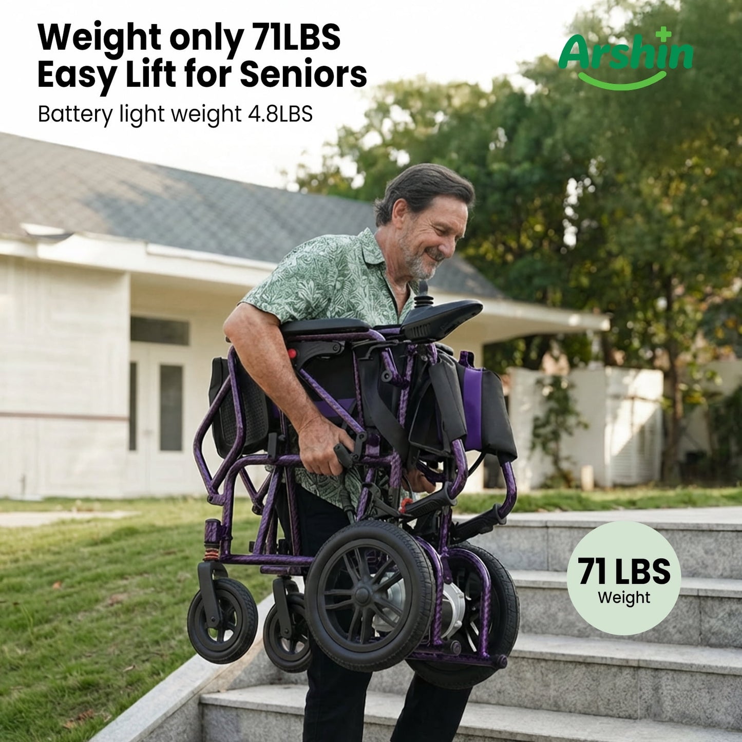 Arshin Electric Wheelchair Lightweight Foldable,20+ Miles Electric Wheelchairs for Adults,360°Joystick Motorized Wheelchair,286+ lbs Capacity,Purple