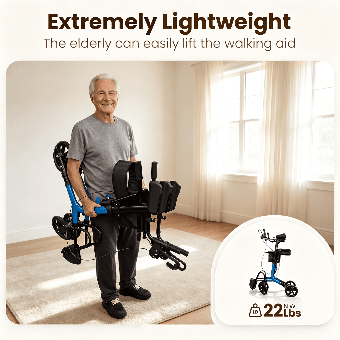 Arshin Foldable Rollator Walker with Seat for Seniors–450 lbs Heavy-Duty Support,Lightweight 19 lbs,10" All-Terrain Wheels for Indoor & Outdoor Use,Adjustable Handles,Compact Fold(Blue)
