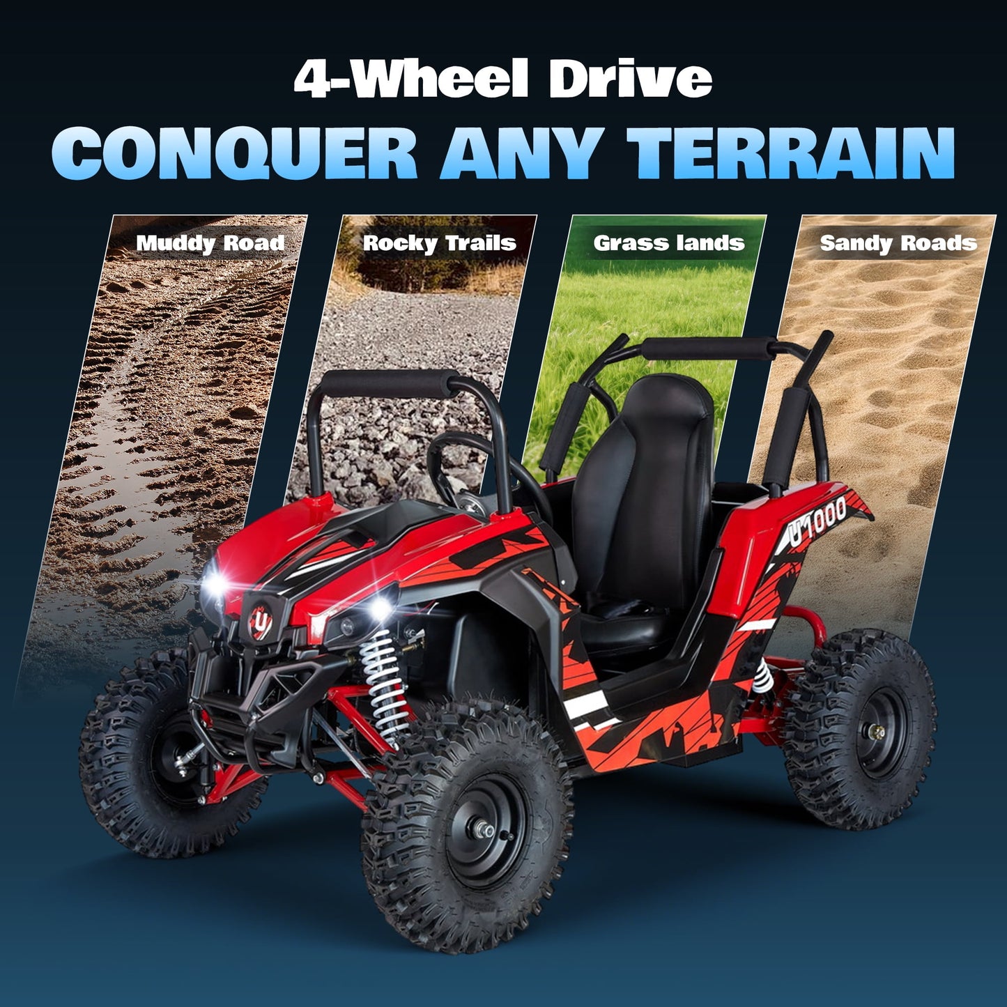 QEASET 48V UTV Electric Off-Road Vehicle for Adults, 3-Speed with Safety Lock, Shock Absorbers, Disc Brakes, Steel Frame & Adjustable Seat – All-Terrain Side-by-Side(Red)