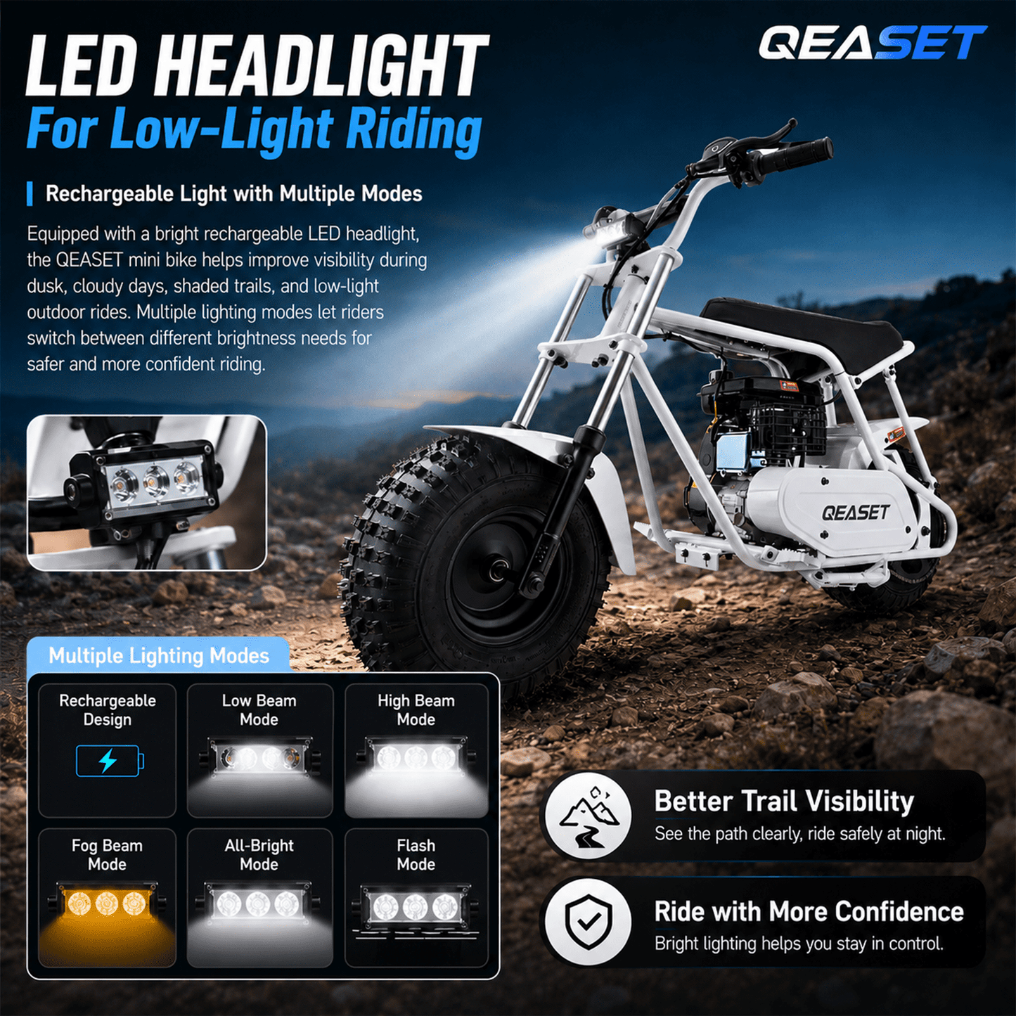 QEASET 105CC 4-Stroke Mini Bike with Shock Absorption, Off-Road Motorcycle, White