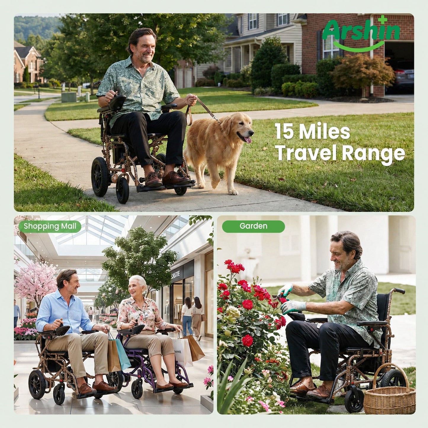 Arshin Electric Wheelchair Lightweight Foldable,20+ Miles Electric Wheelchairs for Adults,360°Joystick Motorized Wheelchair,286+ lbs Capacity,Leopard Brown