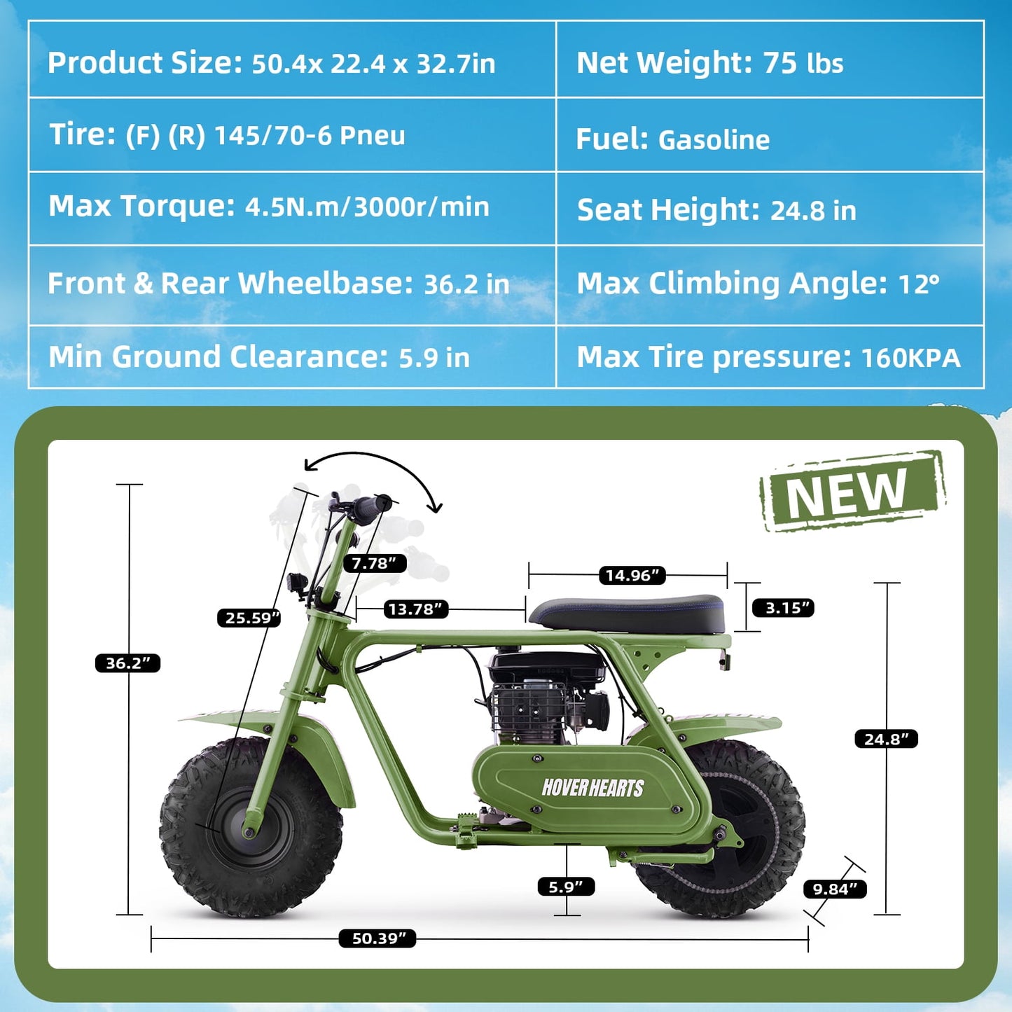 HOVERHEART Gas Mountain Bike, 105cc 4-Stroke Gas Powered Off Road Motorcycle (Model-MB0001) with Led Lights, Disc Brake, Max Load 200Lbs, Up to 30Kph, NO OIL MIX REQUIRED