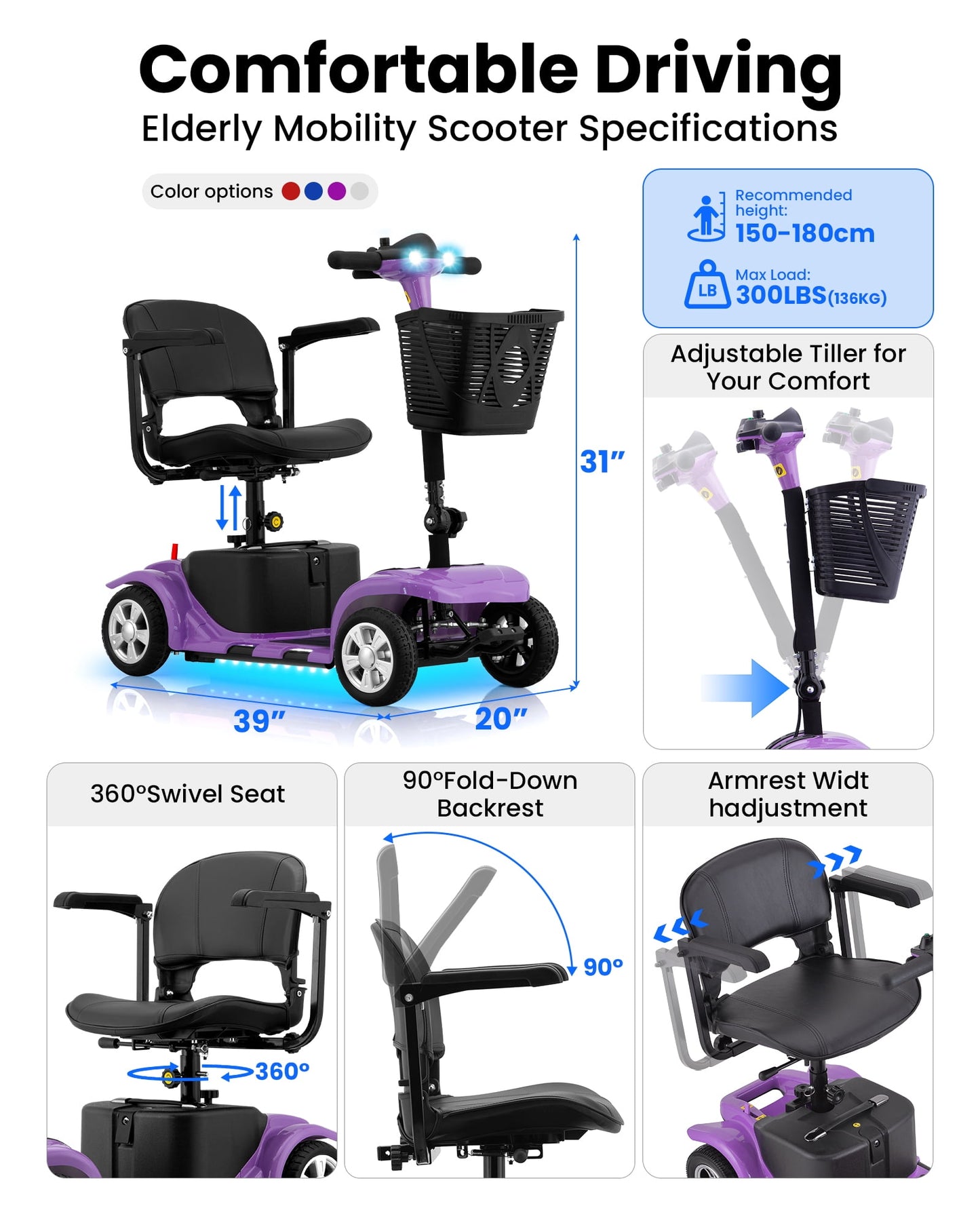 4 Wheels Mobility Scooter for Adults, Senior Electric Powered Chargeable Device for Travel, Lightweight and Portable, with LED Headlights and Basket, Charger Included (Purple)