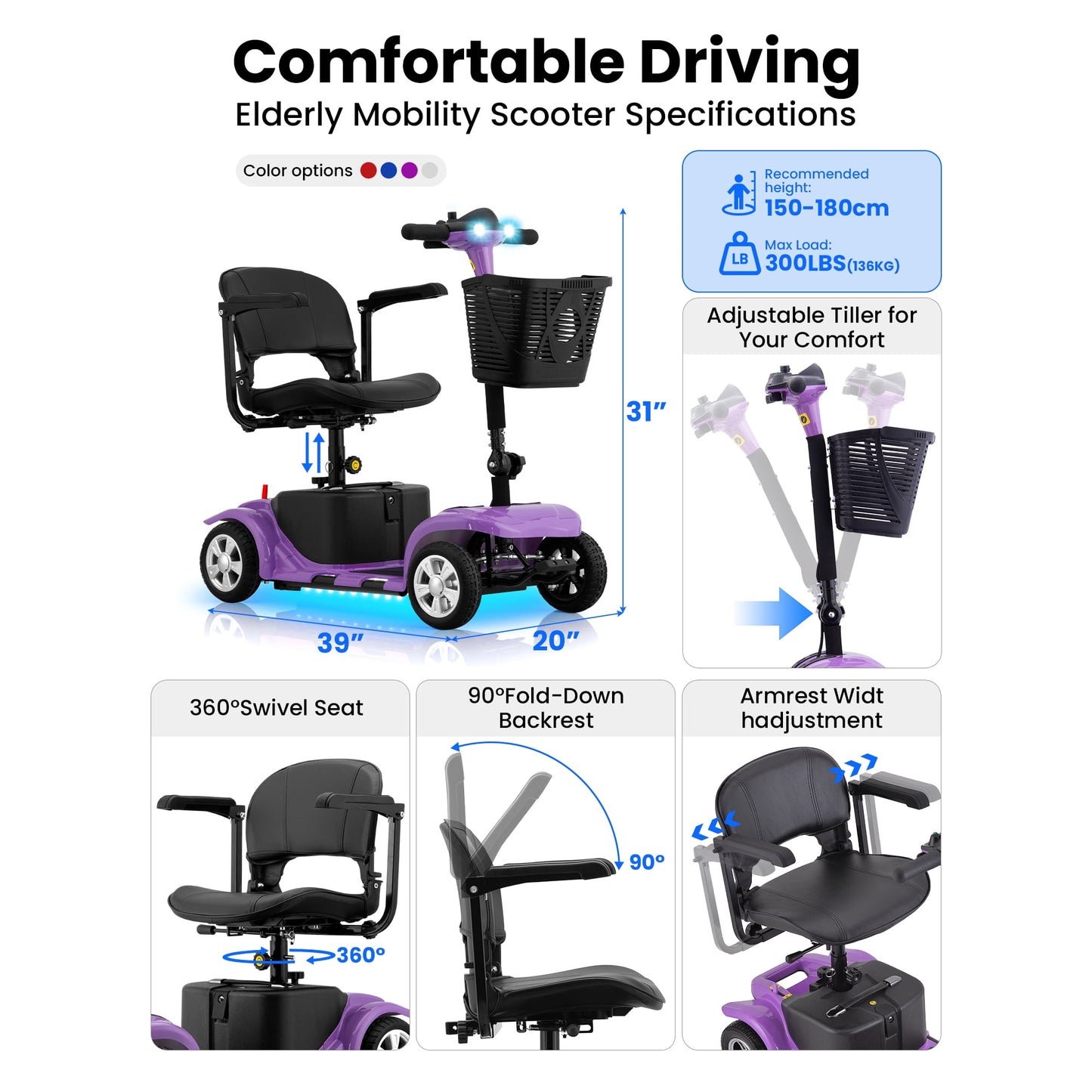 QEASET 4 Wheel Mobility Scooter,Mobility Scooter for Adults, Senior, Electric Powered Chargeable Device for Travel, Gifts for the elderly