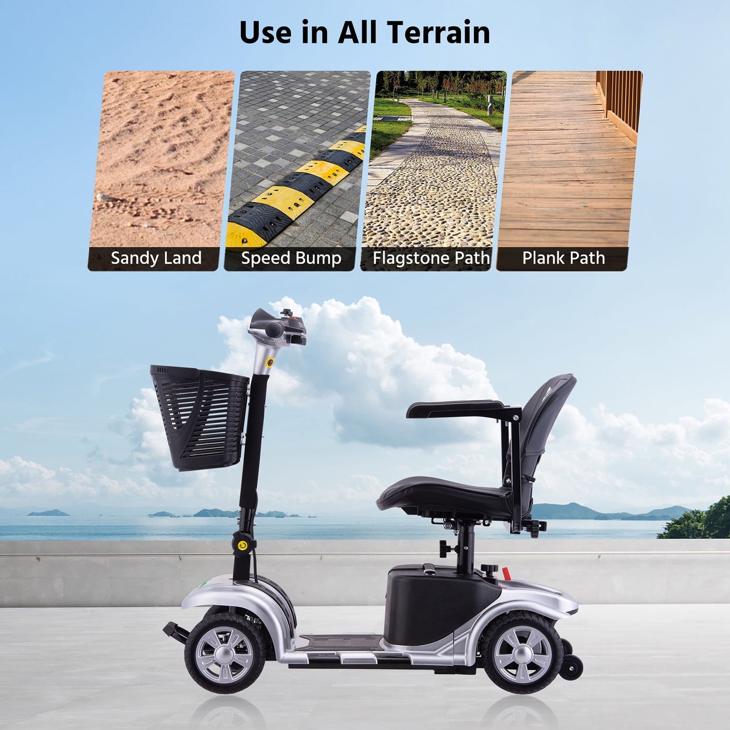 Arshin Upgrade 4 Wheels Mobility Scooters for Seniors & Adult,All Terrain Motorized Scooters with 300 lbs,Silver