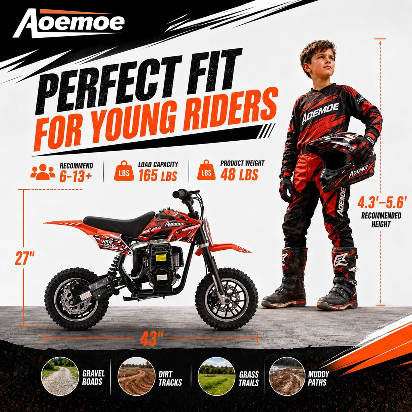 Aoemoe 49cc Kids Dirt Bike, Gasoline Powered 2-Stroke Mini Motorcycle, 1-Seater, Red