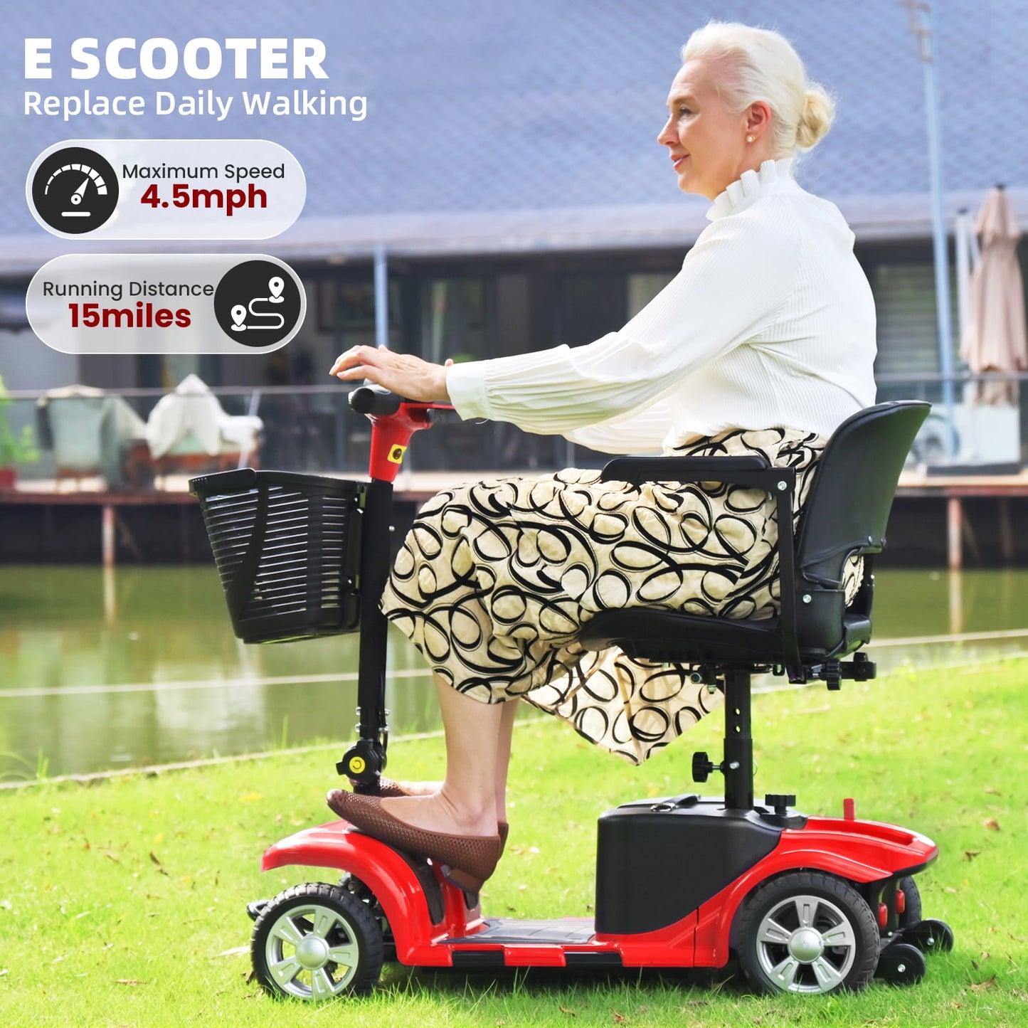 Arshin Mobility Scooters for Seniors,4 Wheels Outdoor Mobility Scooters Lightweight and Portable,180W 24V Electric Mobility Scooters with High-Power Motor,Suitable for Travel,Adults,Elderly(Red)