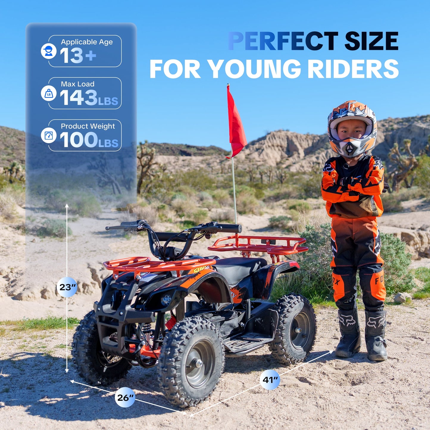 Electric 4 Wheeler,IVFJFV Dual Speed 10-15 MPH 4 Wheel with Parental Safety Key, 15 Miles Max Range,36V Ride on Car with Front & Rear Suspension & 10 Inch All-Terrain Wheels for Trail,Orange