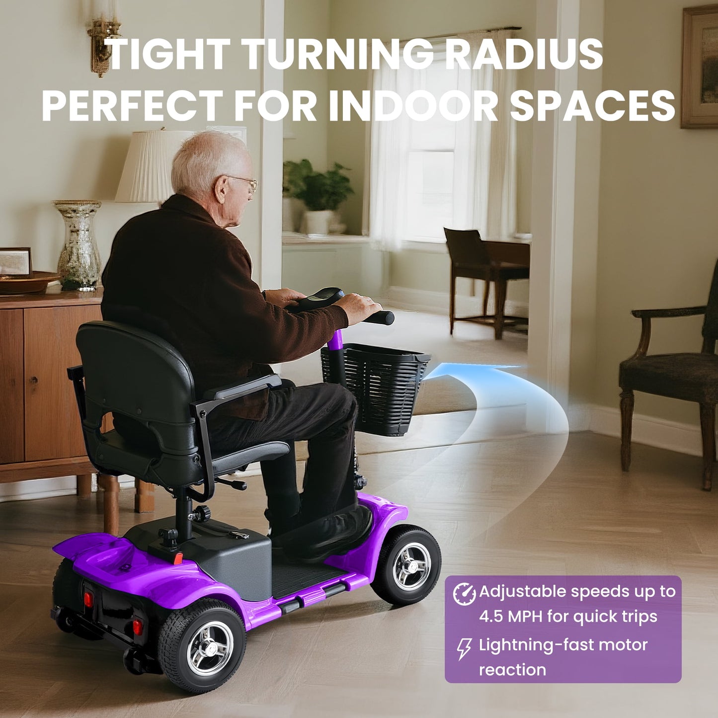 Arshin Improve 4 Wheel Mobility Scooter for Seniors,Foldable Powered Mobile Wheelchair for Adult 300lbs,Purple