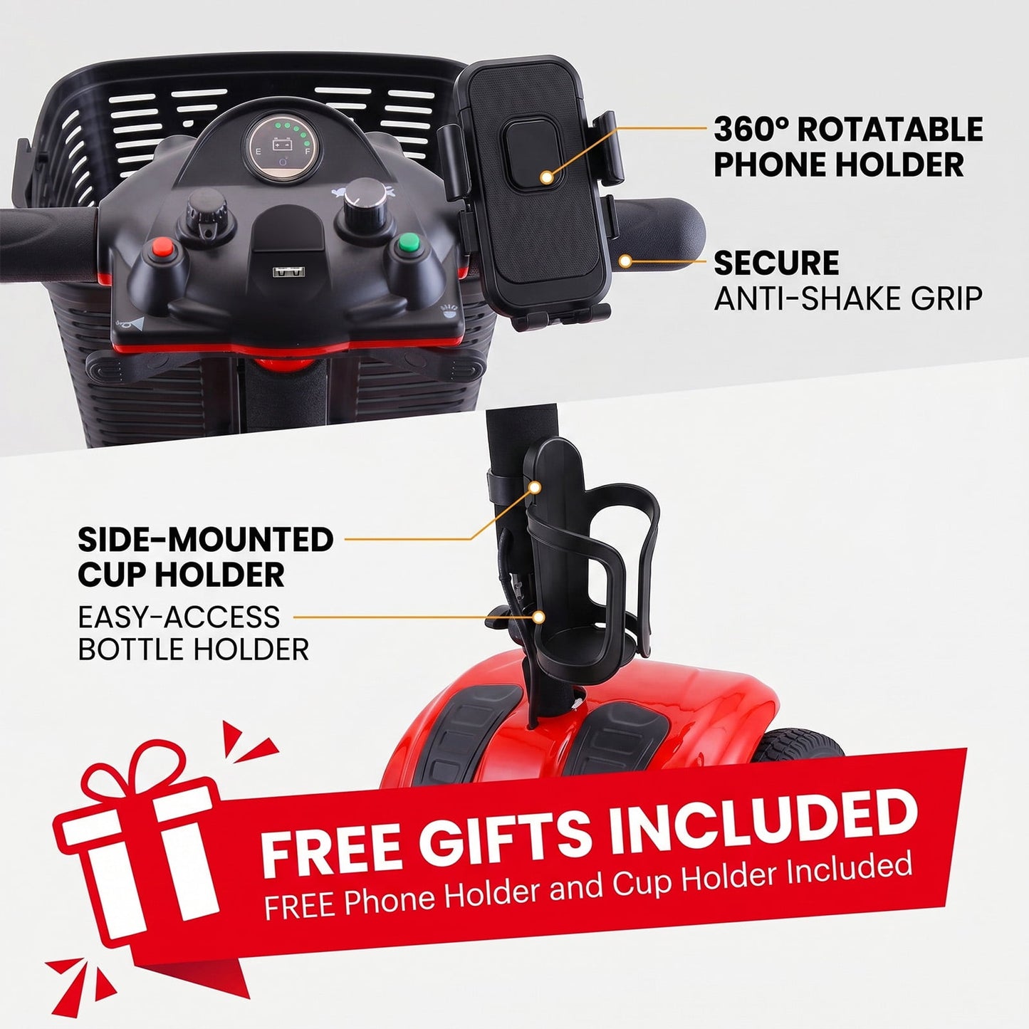 Arshin 4 Wheels Mobility Scooter with USB Port for Seniors,Electric Folding Wheelchair Device for Travel,Red