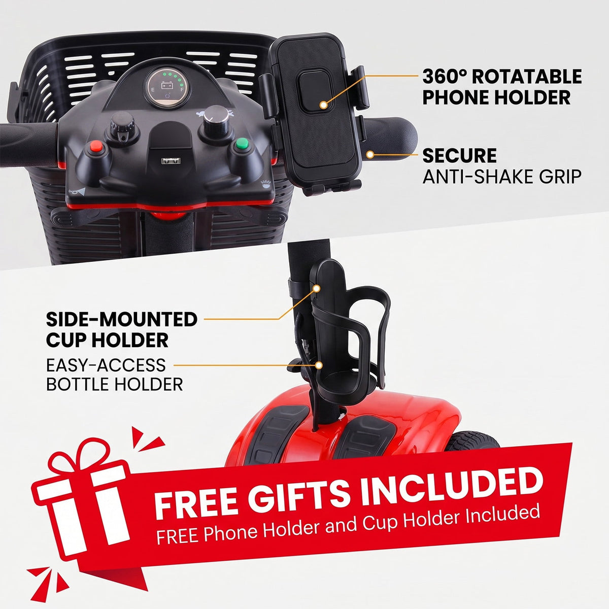 Ostrina All-Terrain Mobility Scooter with USB Charge,300lbs Foldable Powered Wheelchair for Adult,Compact Heavy Duty Mobile for Travel,Removable Battery,Red