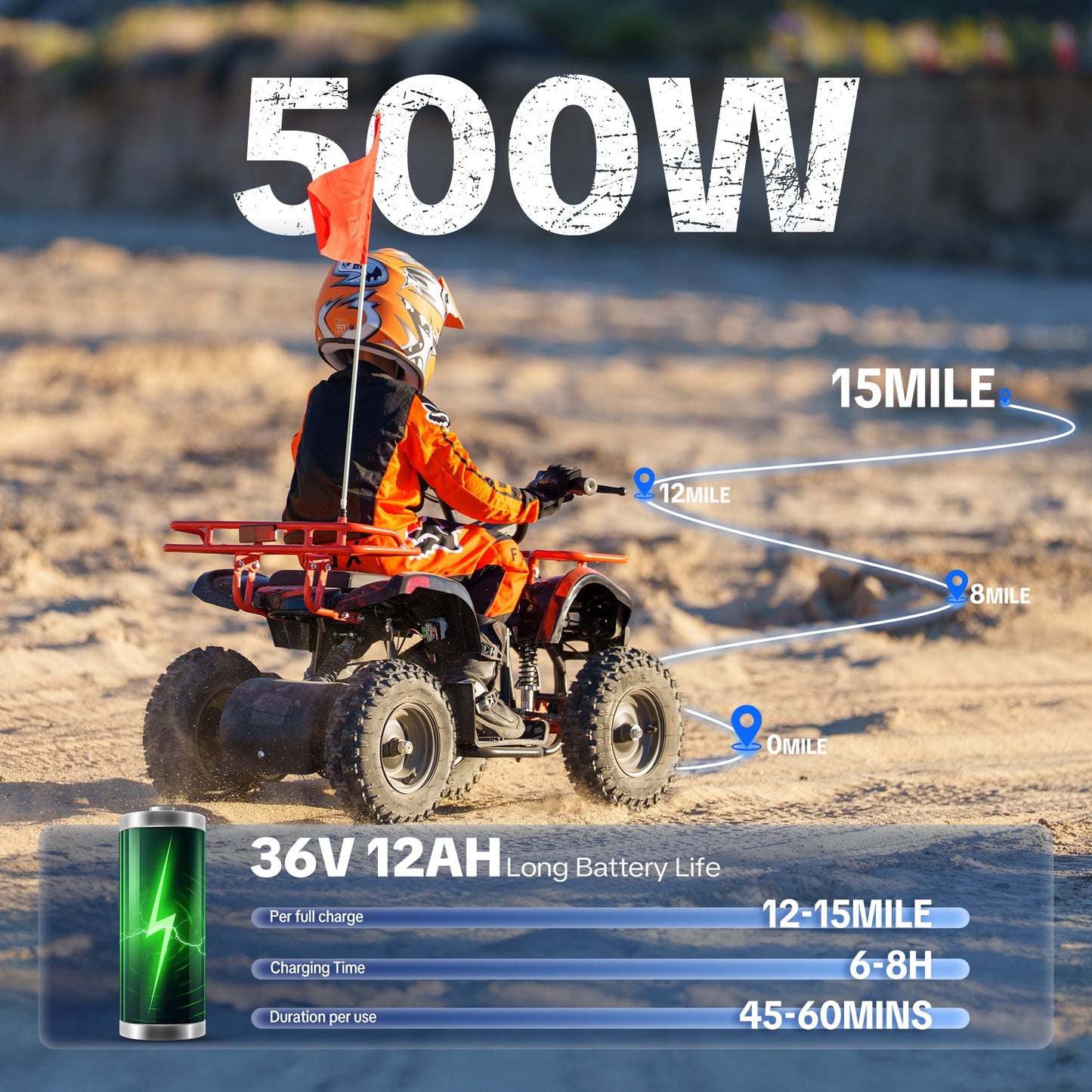 QEASET 500W 36V Battery Ride-On Off-Road 4-Wheeler – 15-Mile Range, Orange