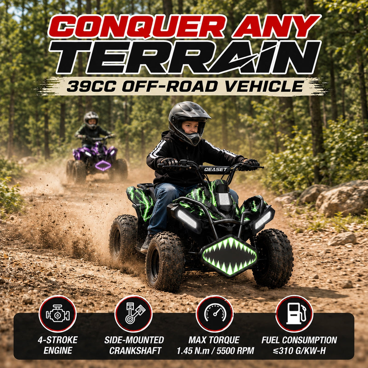 QEASET A01 39cc Kid Gas ATV, Gas Powered 4 Wheeler for Kid 6+, 4-Stroke Beginner ATV, Up to 15 MPH, Adjustable Speed, Safety Switches, Front & Rear Brakes - Green