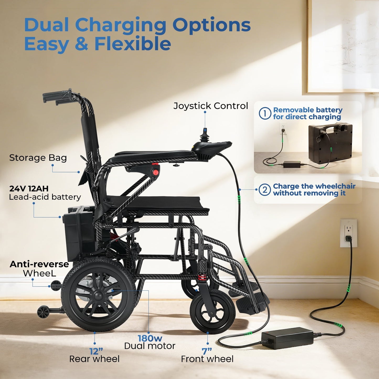 LiltJan Electric Wheelchair for Adults, Lightweight Foldable Motorized Wheelchair with 15-Mile Range, 360° Joystick & All-Terrain Power, Supports 300 lbs, LED Safety Lights, Travel Portable