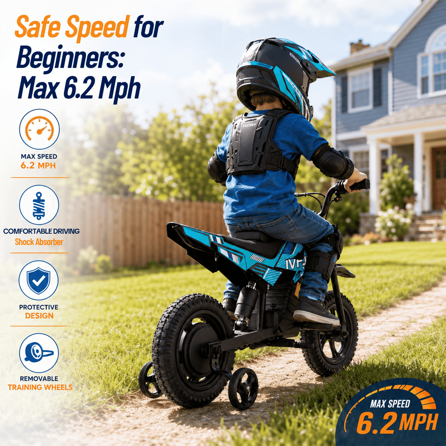 IVFJFV Electric Dirt Bike,up to 6.21 mph, 24V Electric Dirt Bike with Removable Training Wheels for Child 8+,SKY BLUE