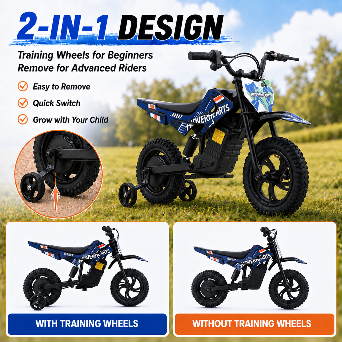 Aoemoe Electric Ride On Mini Bike for Beginners, 25.2V 2.6Ah Battery, Training Wheels & Rear Shock, 6.2 MPH Max Speed, All-Terrain Outdoor Toy, Blue