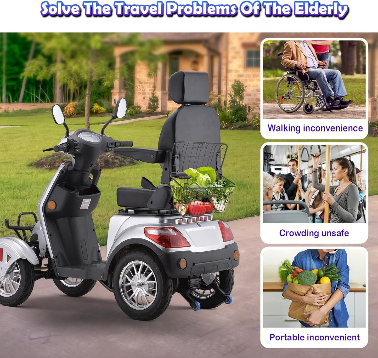 Super Large Electric 4 Wheel Mobility Scooters, Heavy Duty 800W Wheelchair Device, 500 LBS Capacity for Seniors & Adults, Speed Adjust, Remote Key, Receive Ready to Ride.（Sliver）