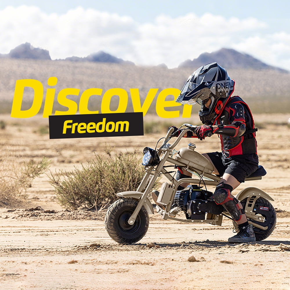 QEASET Gas Mini Chopper Bike, 40CC 4-Stroke Dirt Bike with Big Headlight, Rear Shock Absorber, Metal Frame, Disc Brakes, Max Load 165Lbs, Up to 20Mph, Sand