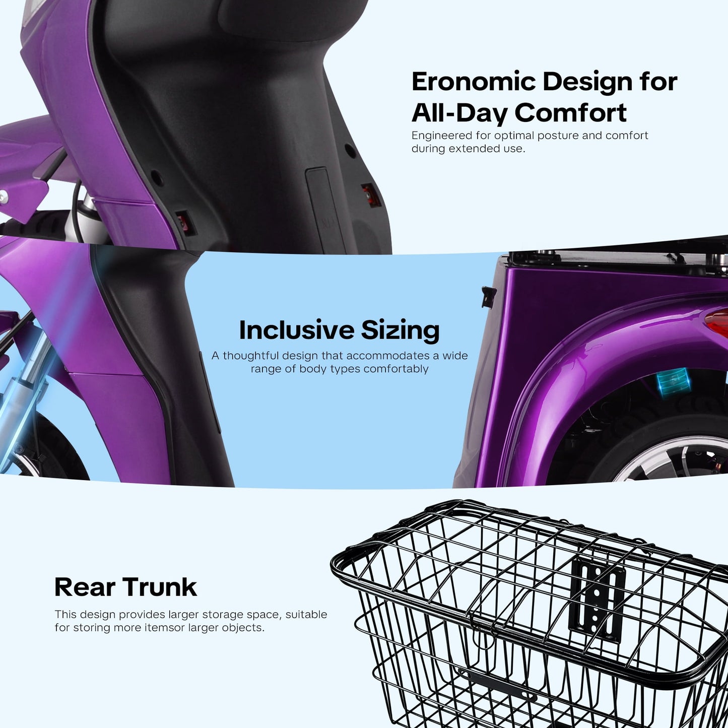 New & Improved 3-Wheel Mobility Scooter for Adults & Seniors - 500 lb Heavy Duty Capacity,31-Mile Range,800W Power for Outdoor Use by Arshin,All-Day Riding,Easy to Use(Purple)