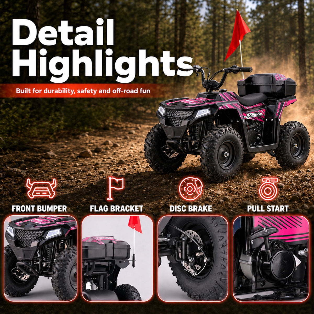 Aoemoe 40cc 4-Stroke Youth Ride-On for Ages 13+, Fuel Powered Pull Start with Front & Rear Disc Brakes, Adjustable Top Speed Up to 15 MPH, Safety Flag & Parental Speed Control, Pink