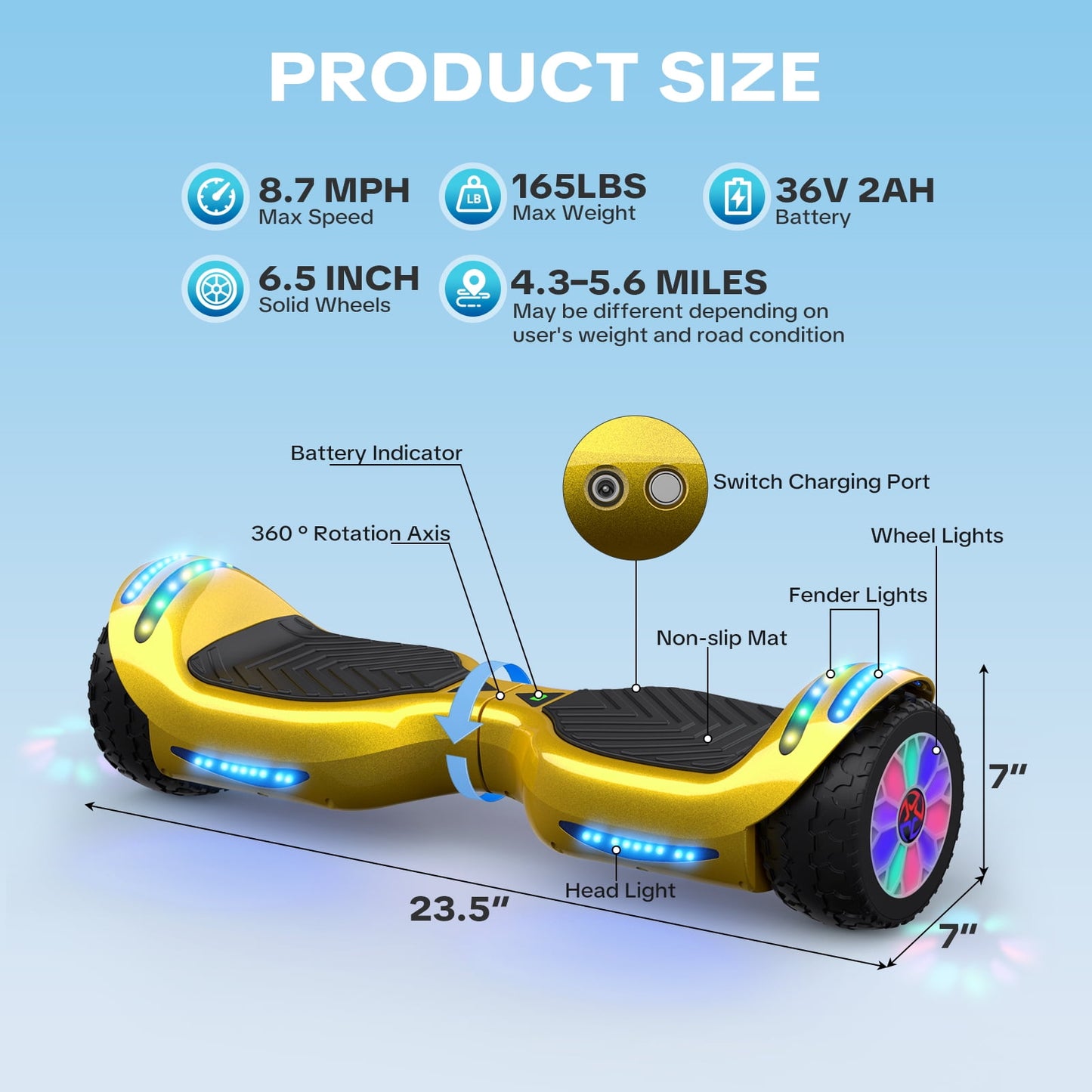 Tcdjtc Hoverboard with Bluetooth and Led Lights, Balance Board for Kids, Kids Outdoor Toys with 9 Mph Max Speed, All Terrain Hoverboard with UL 2272 Safety Standard