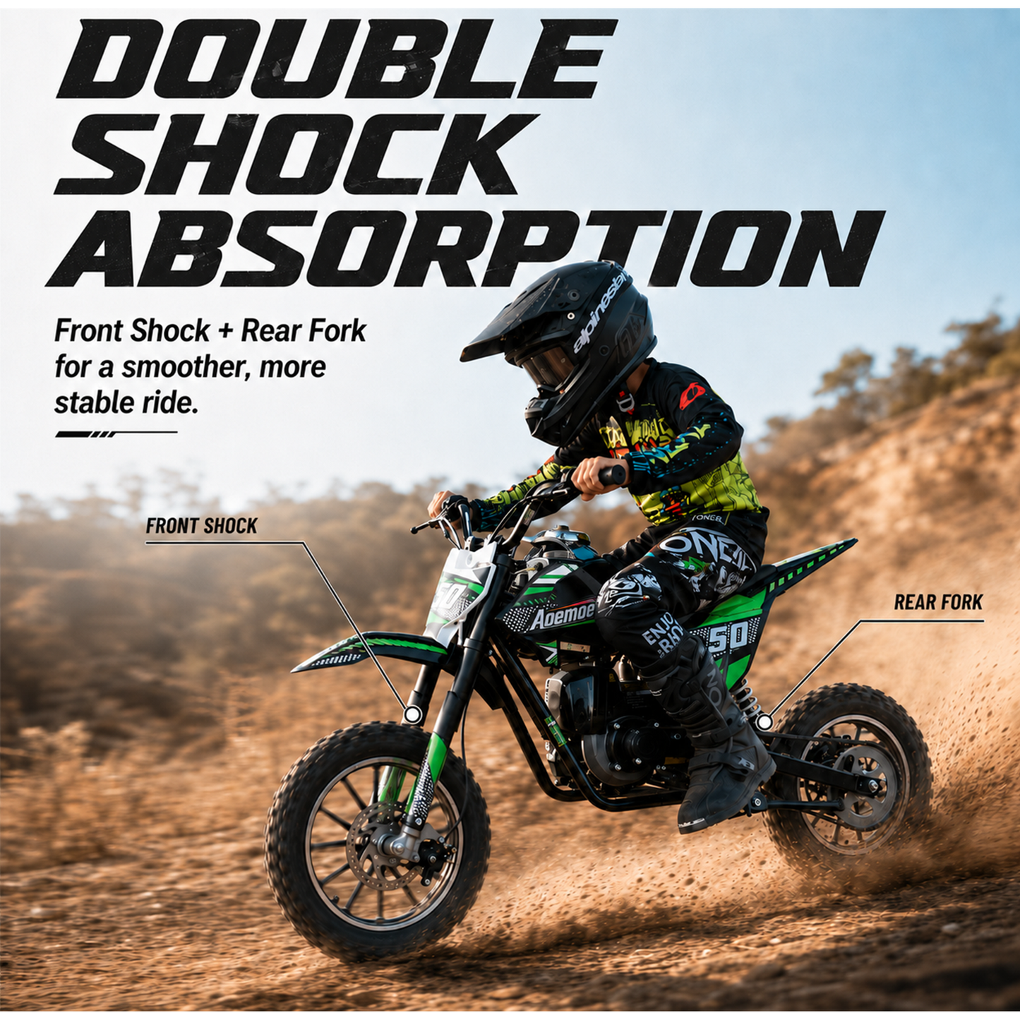 Aoemoe 39cc motor bike, 20mph gas dirt bikes for boys 8 12, Disc Brakes, Max Load 165Lbs, kids dirt bike, Green