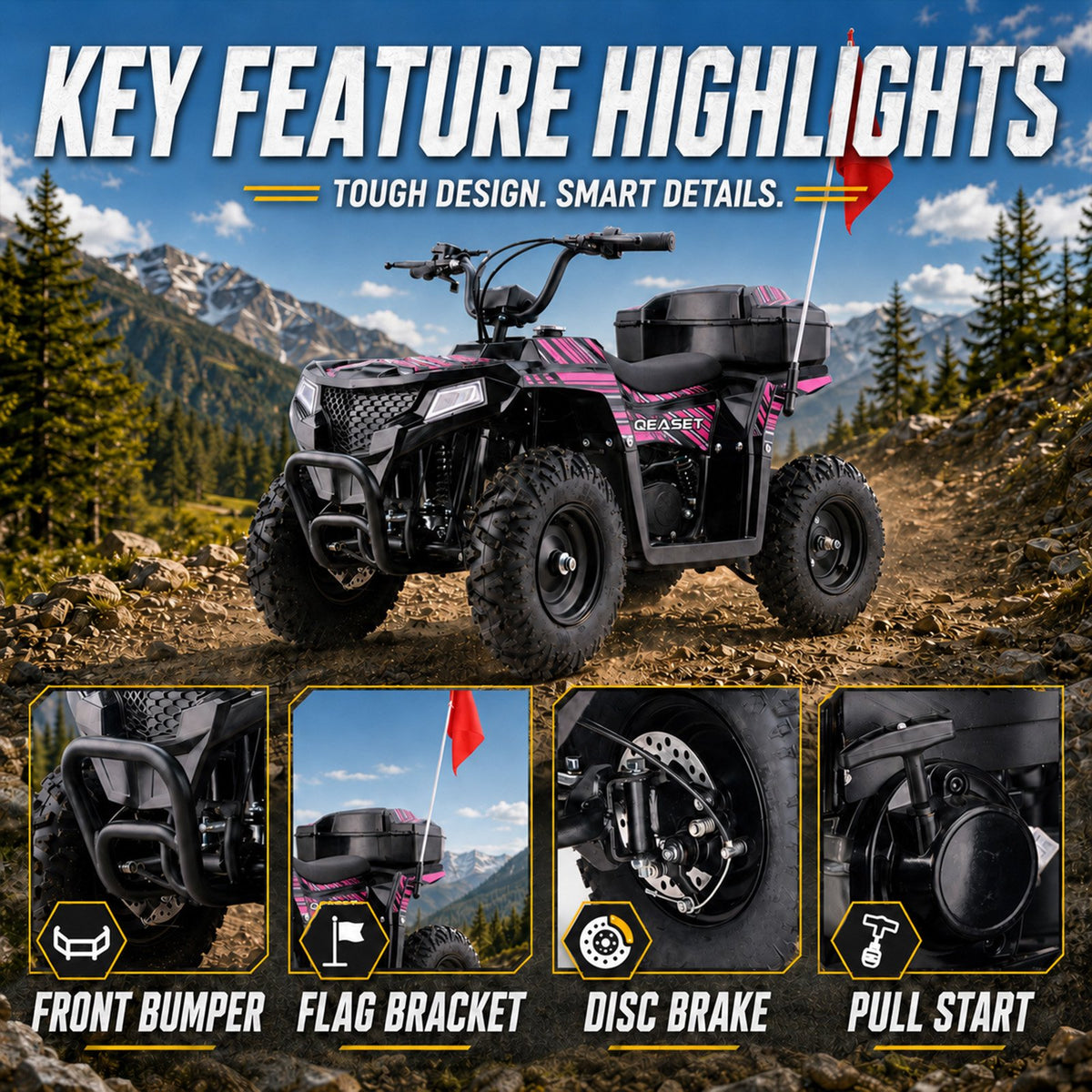 39cc Teen Gas ATV, Gas Powered 4 Wheeler for Teens 13+, 4-Stroke Beginner ATV, Up to 15 MPH, Adjustable Speed, Safety Switches, Front & Rear Brakes - Pink