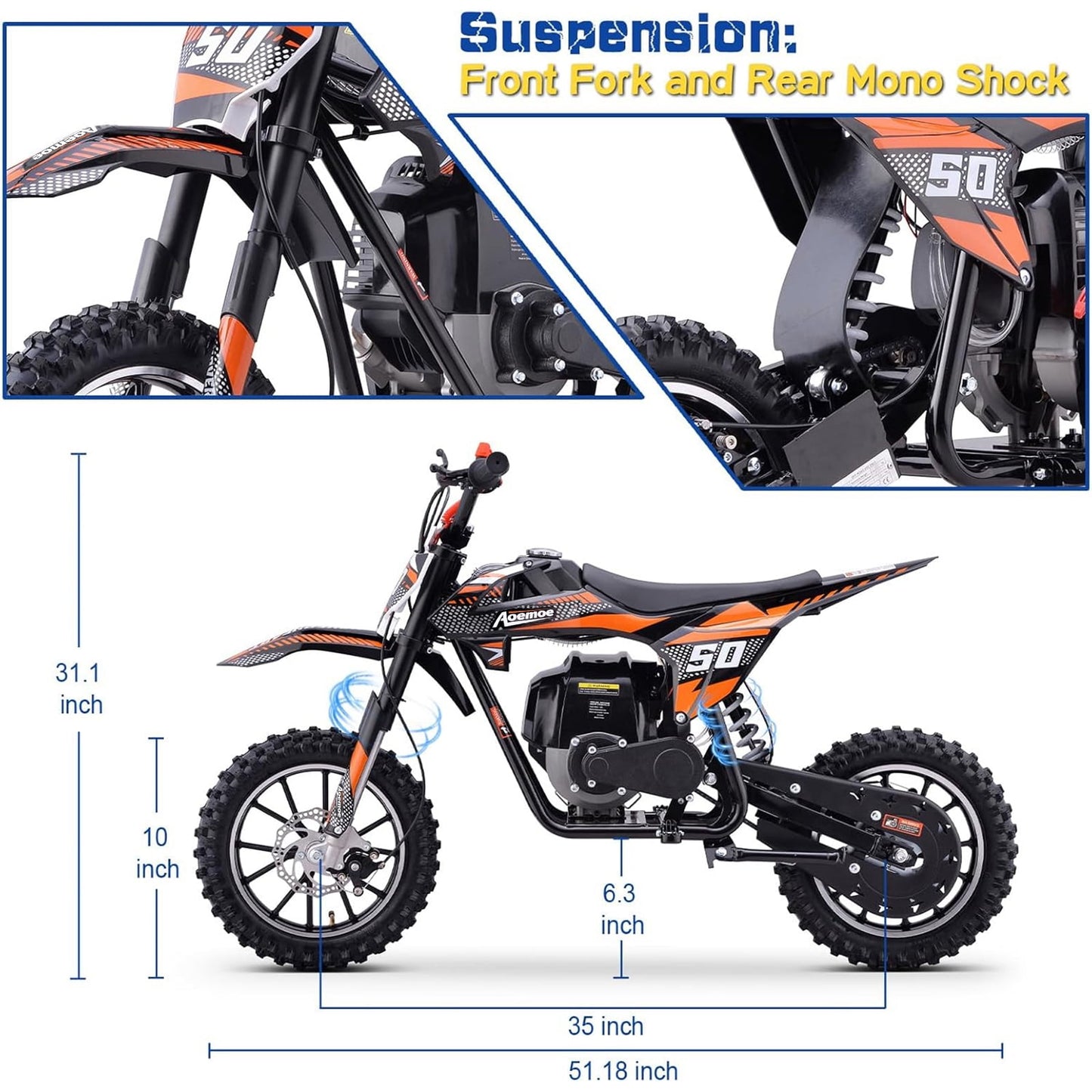 Aoemoe 39cc 4-Stroke Kids Mini Dirt Bike, Gas Powered, Rear Suspension & Disc Brakes, 20Mph/165Lbs,Orange