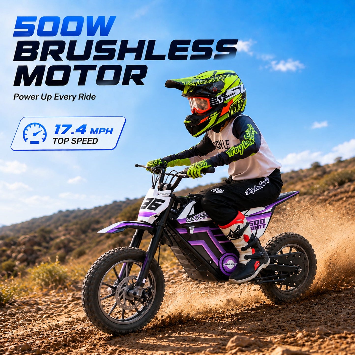 QEASET 36V Electric Dirt Bike, 500W Motorized Mini Dirt Bike with Dual Suspension, Disc Brakes, 17 MPH Max Speed, Electric Off-Road Motorcycle for Boys Girls Ages 8-14,Purple
