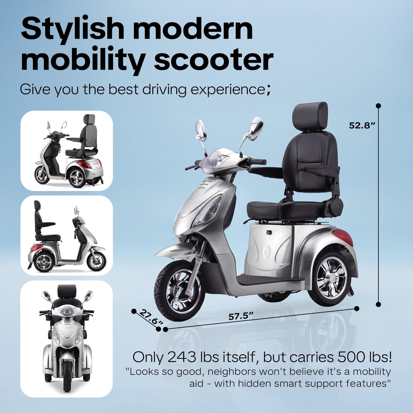 Upgrade Heavy Duty 3 Wheel Mobility Scooter for Seniors & Adults 500lbs Capacity,Arshin Electric Powered Wheelchair Device for Travel,800W All Terrain Mobility Scooter,31 Miles Range,7-15 Mph(Silver)