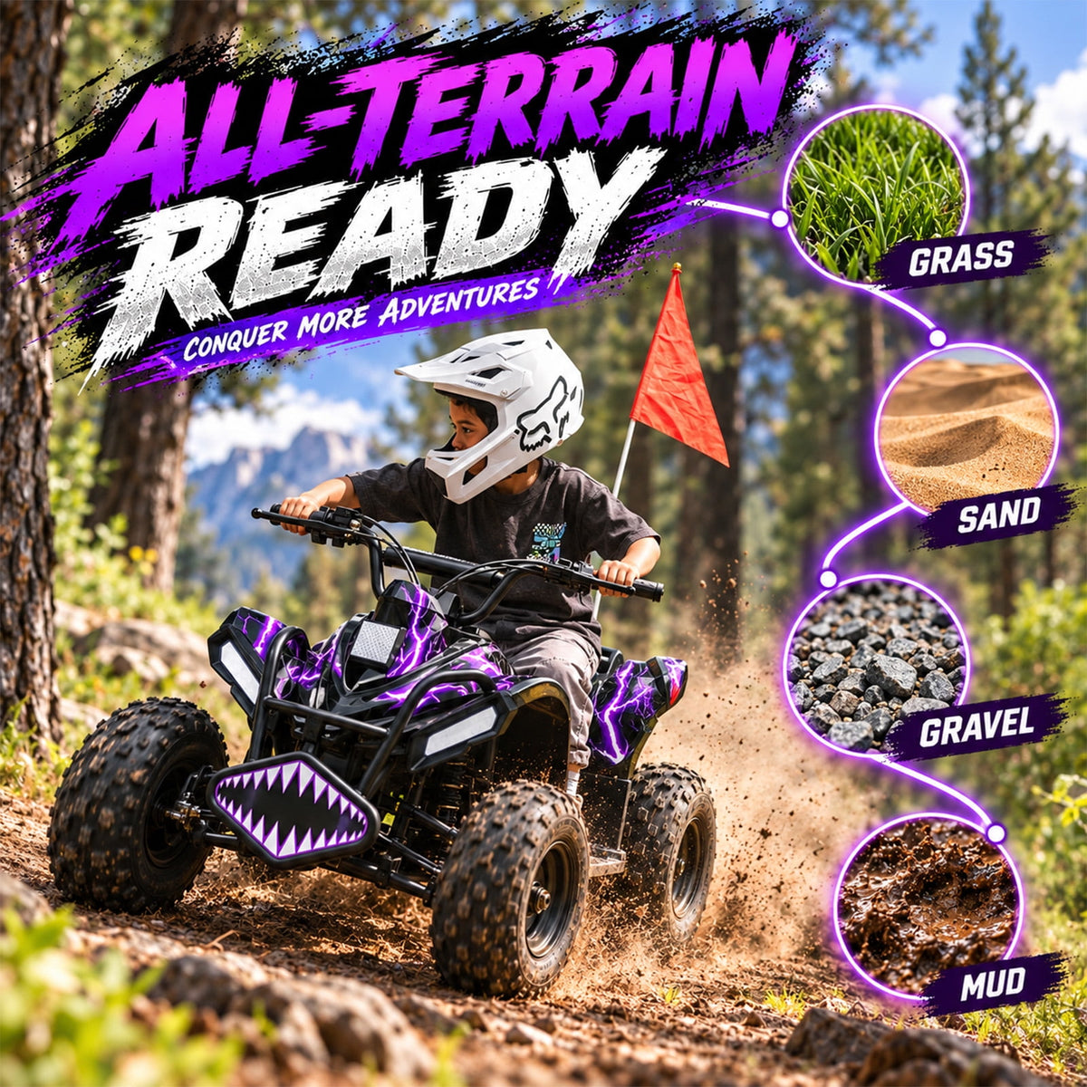 40cc Kid Gas ATV, Gas Powered 4 Wheeler for Kid 6+, 4-Stroke Beginner ATV, Up to 15 MPH, Adjustable Speed, Safety Switches, Front & Rear Brakes - Purple